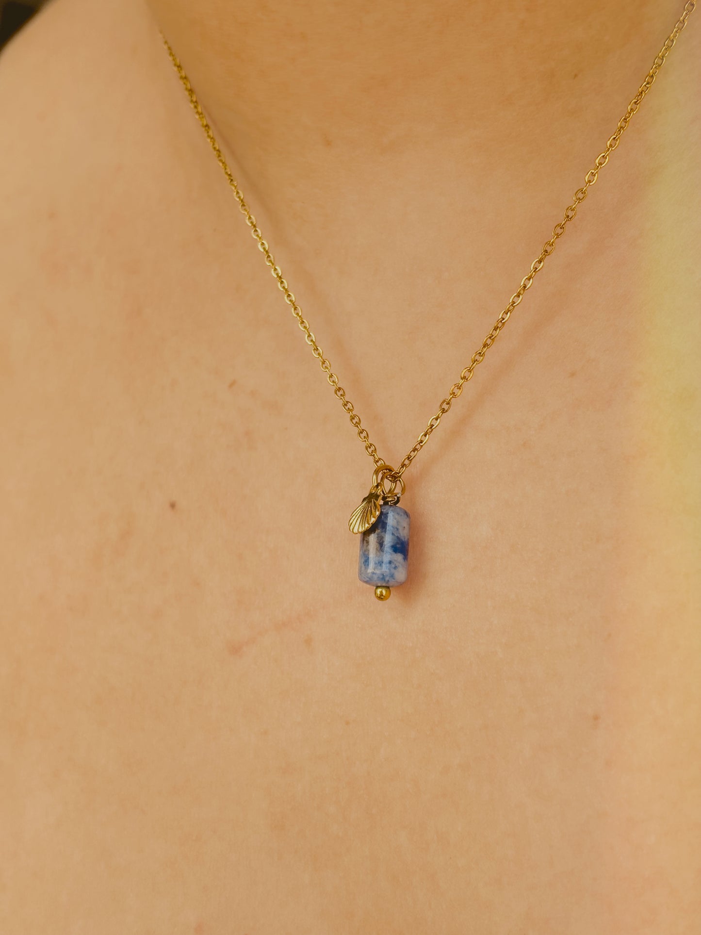 Ocean stone necklace with small shell - tarnish free - gold & silver