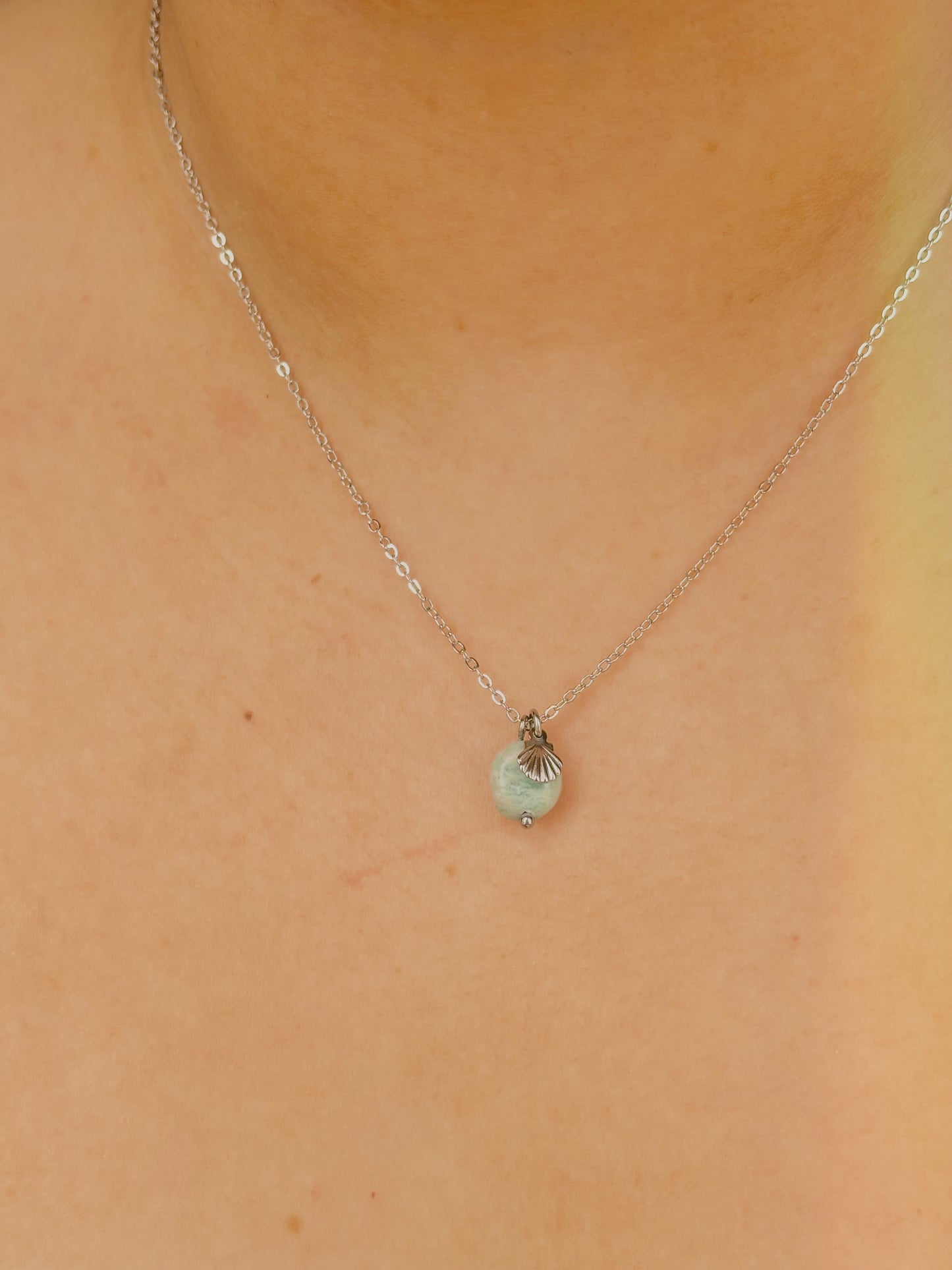 Ocean stone necklace with small shell - tarnish free - gold & silver