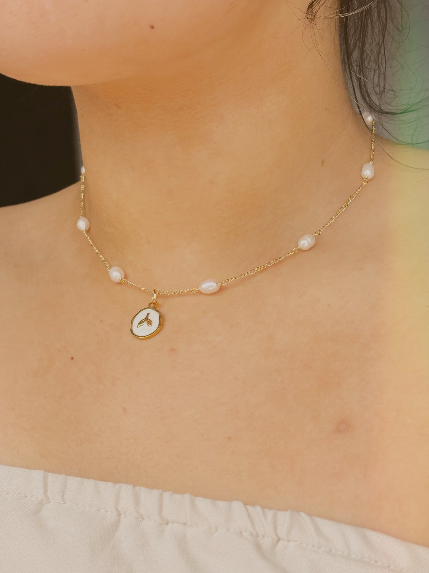 18k gold plated Fresh water pearl necklace with surprise ocean inspired coin