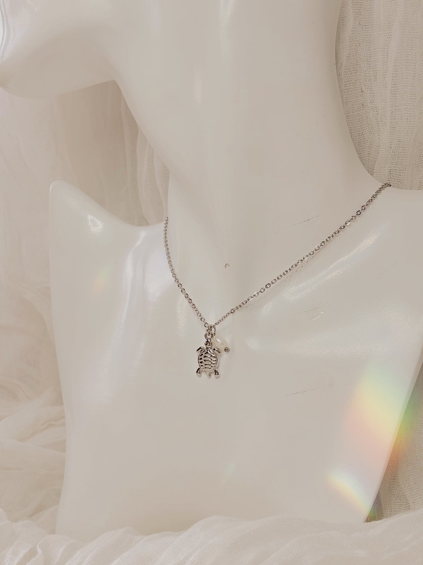 Dainty Turtle & fresh water Pearl necklace