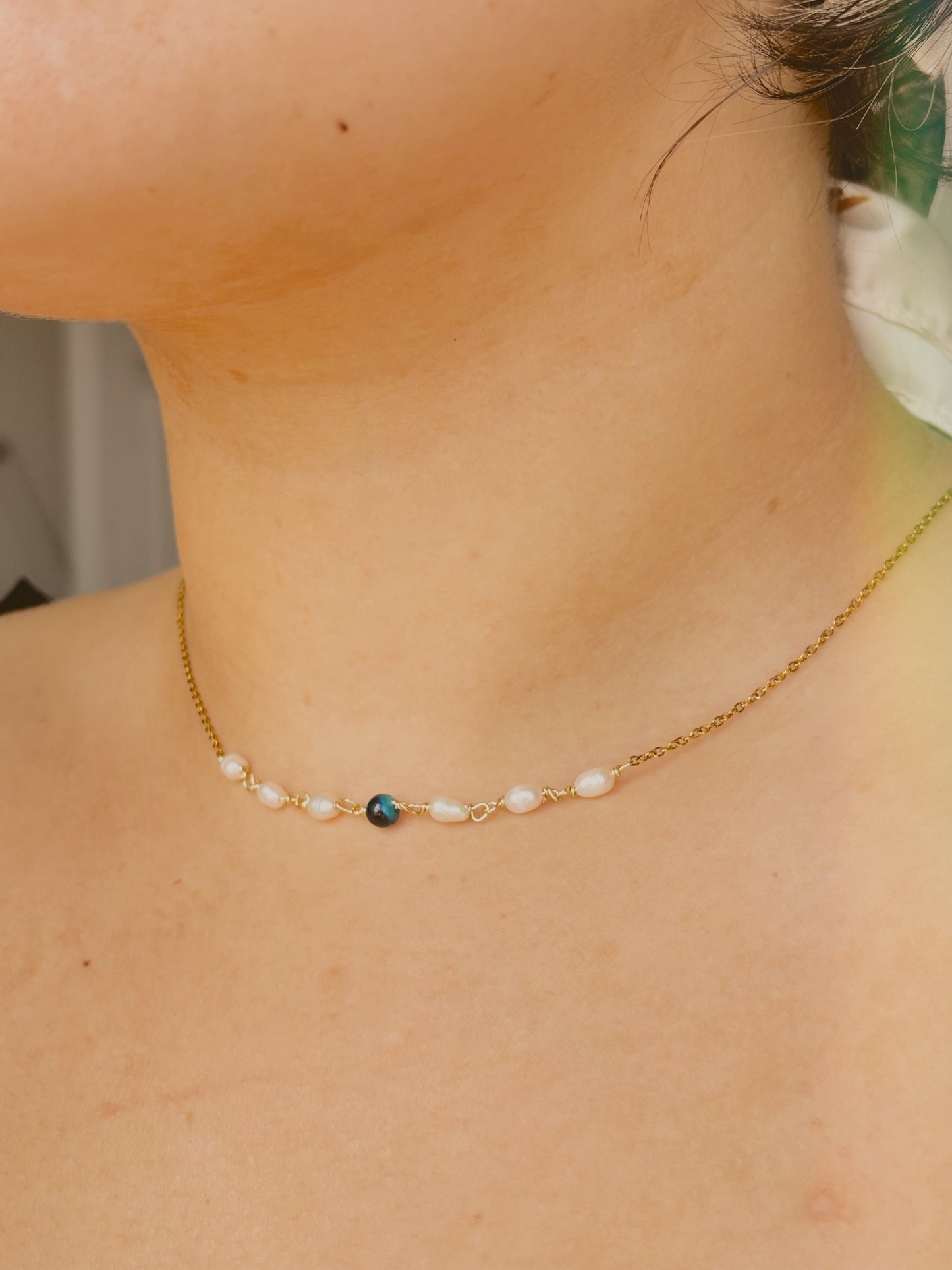 Fresh water pearl Necklace with blue tiger eye - tarnish free - gold & silver - handmade