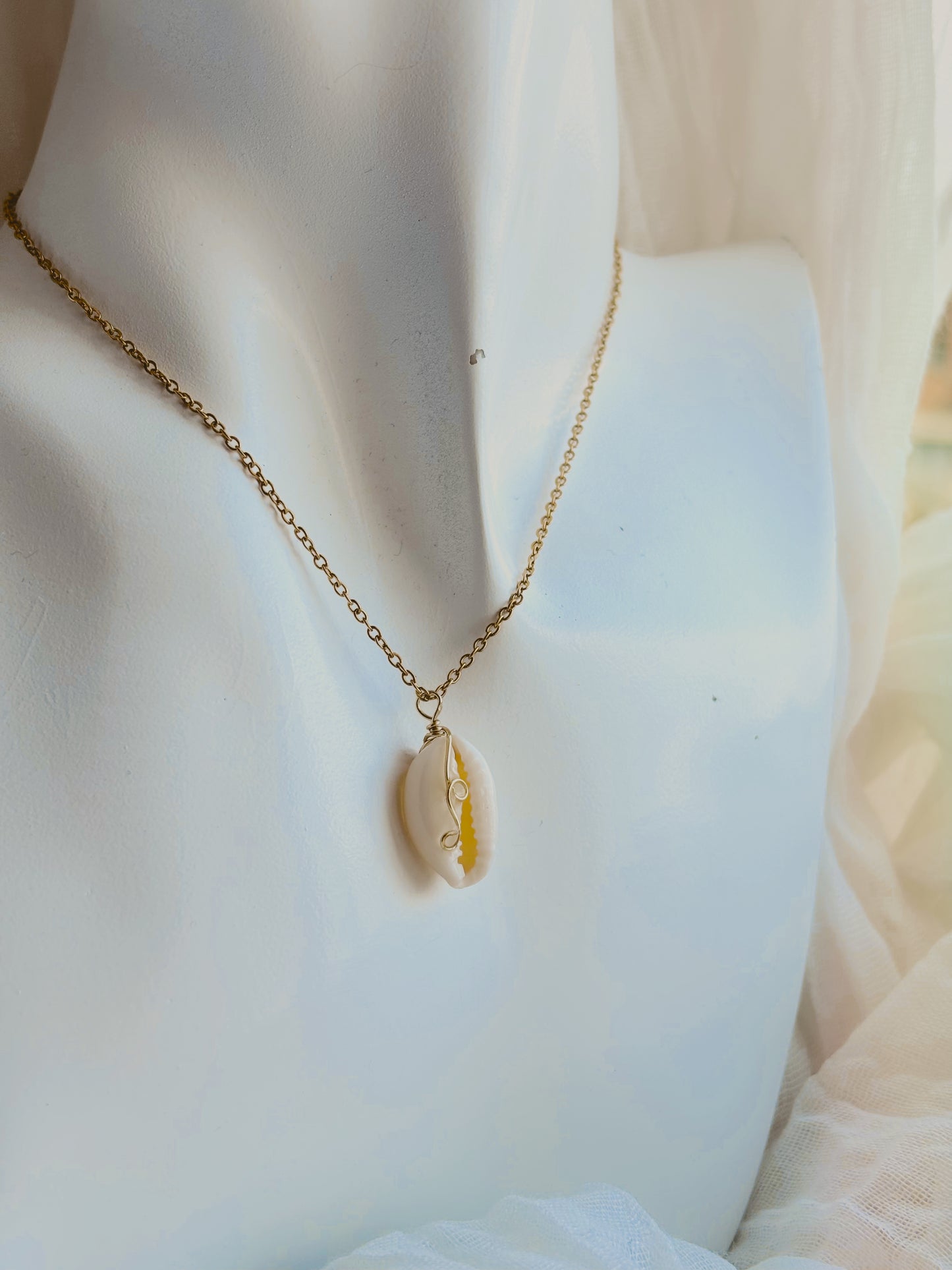 Dainty Cowrie shell necklace with wire detailing - handmade - tarnish free - gold or silver