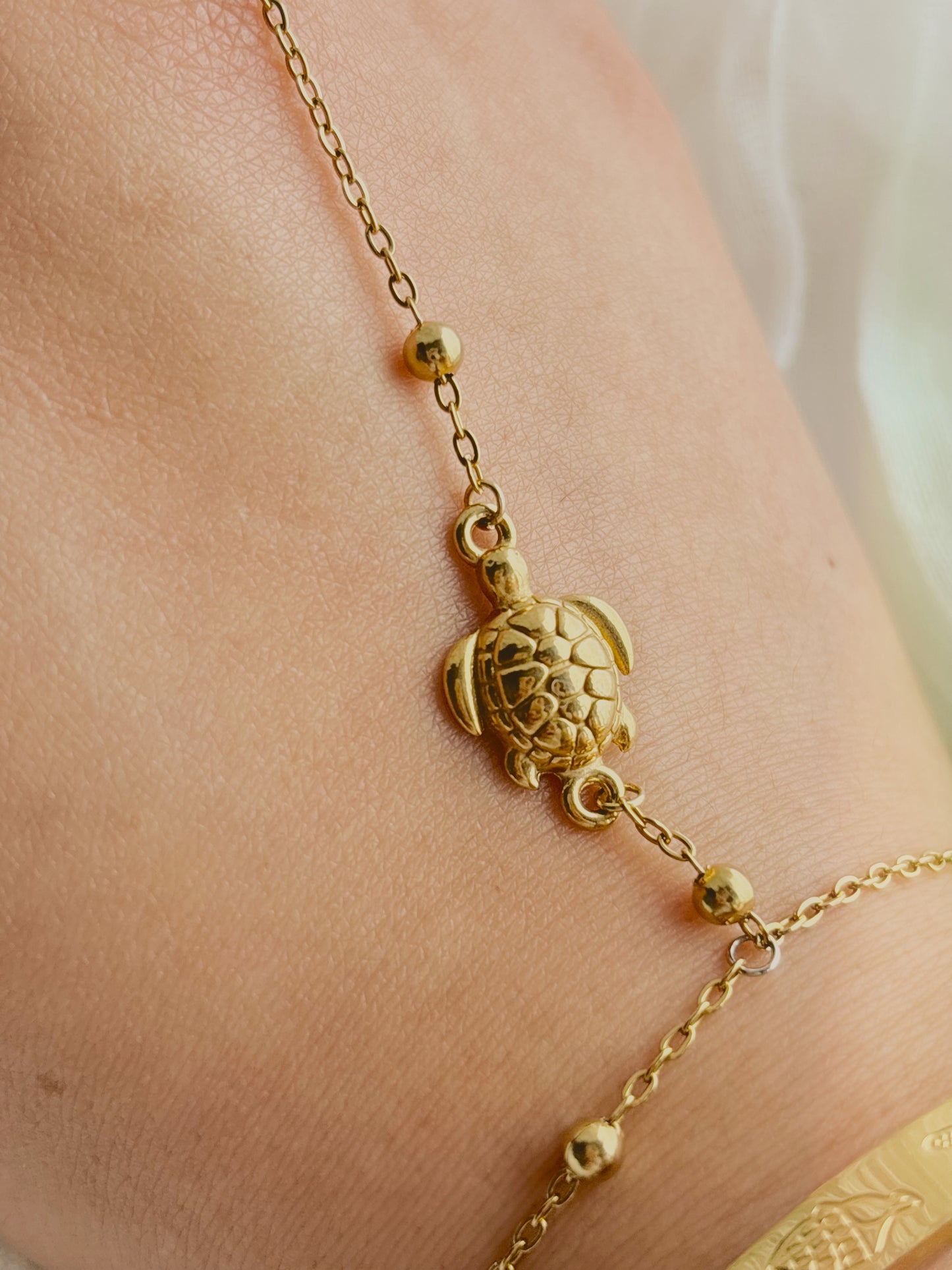 Handmade turtle hand chain - tarnish free - gold or silver