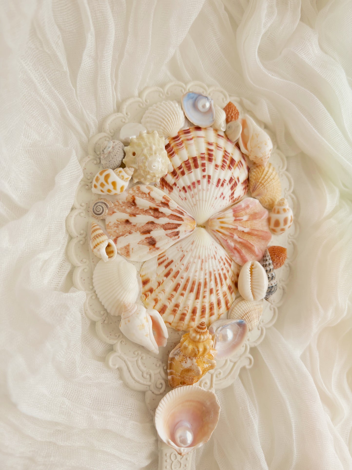 hand held mirror - hand crafted design with shells