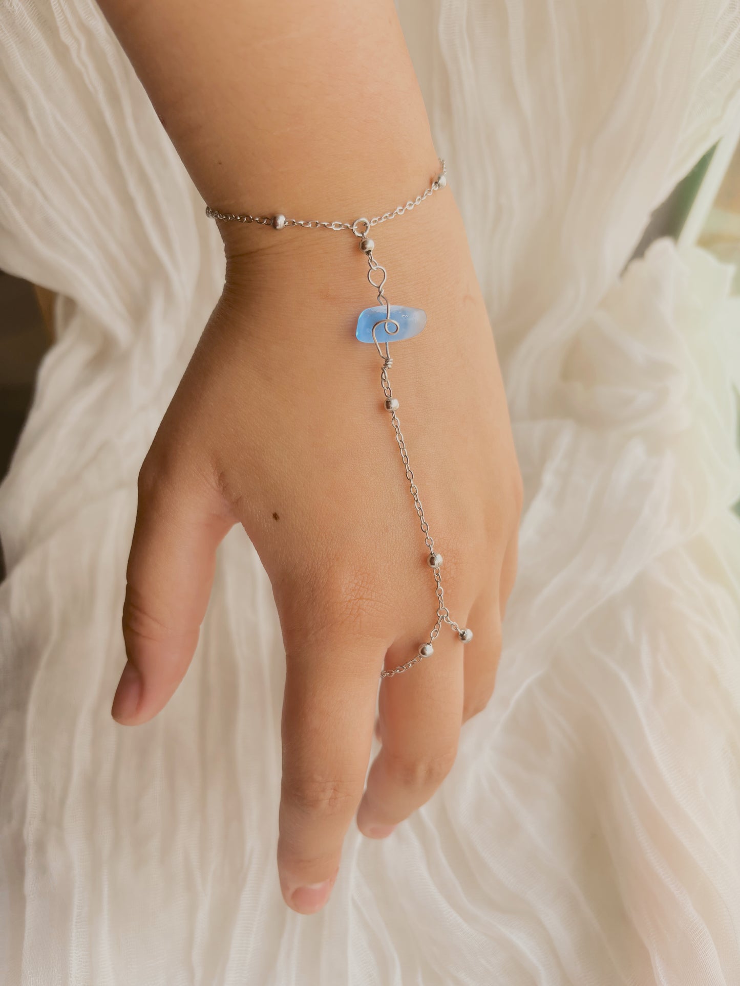 Adjustable customisable sea glass hand chain - handmade - tarnish free - gold or silver