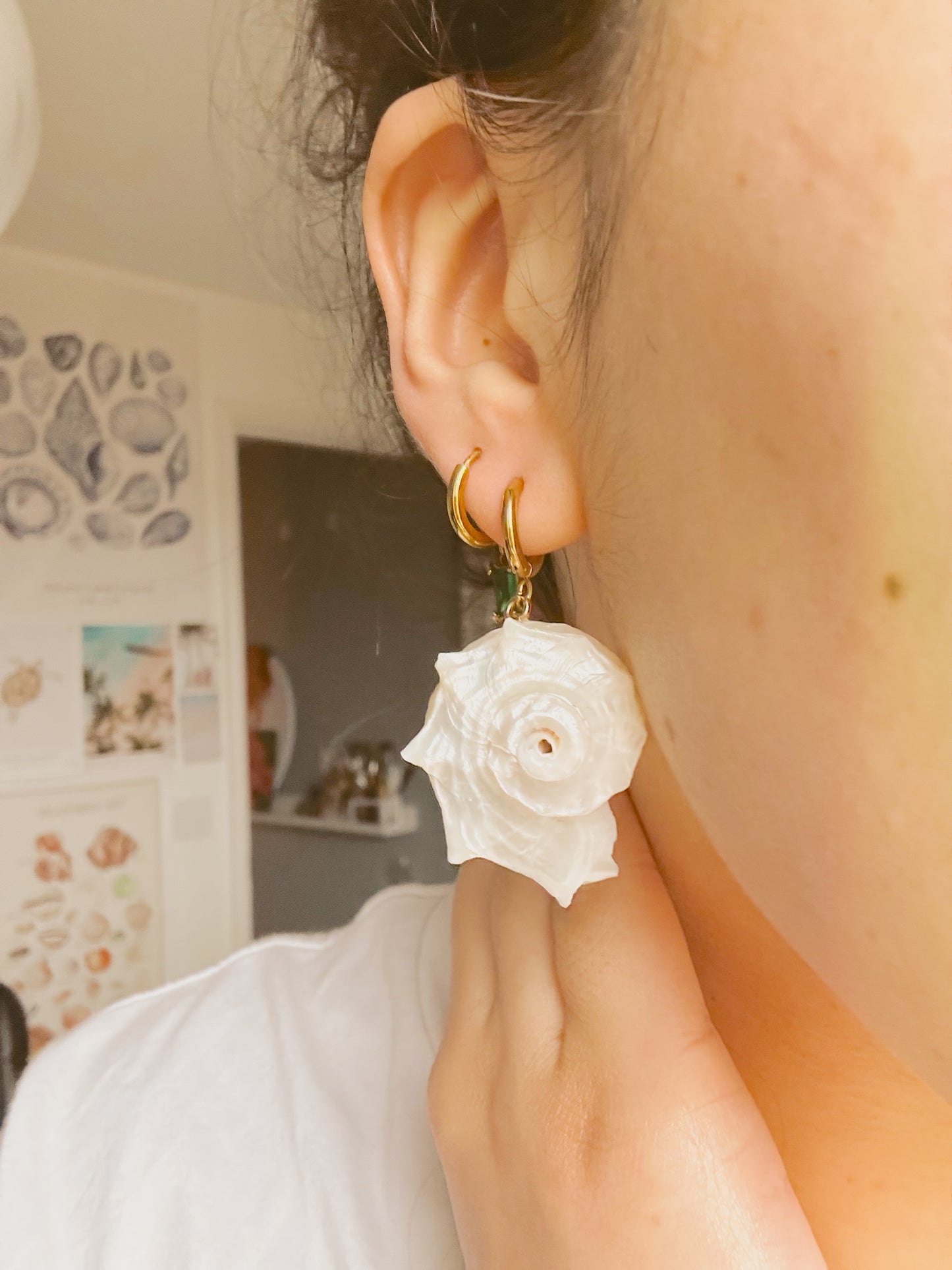 Large white spiral shell earrings
