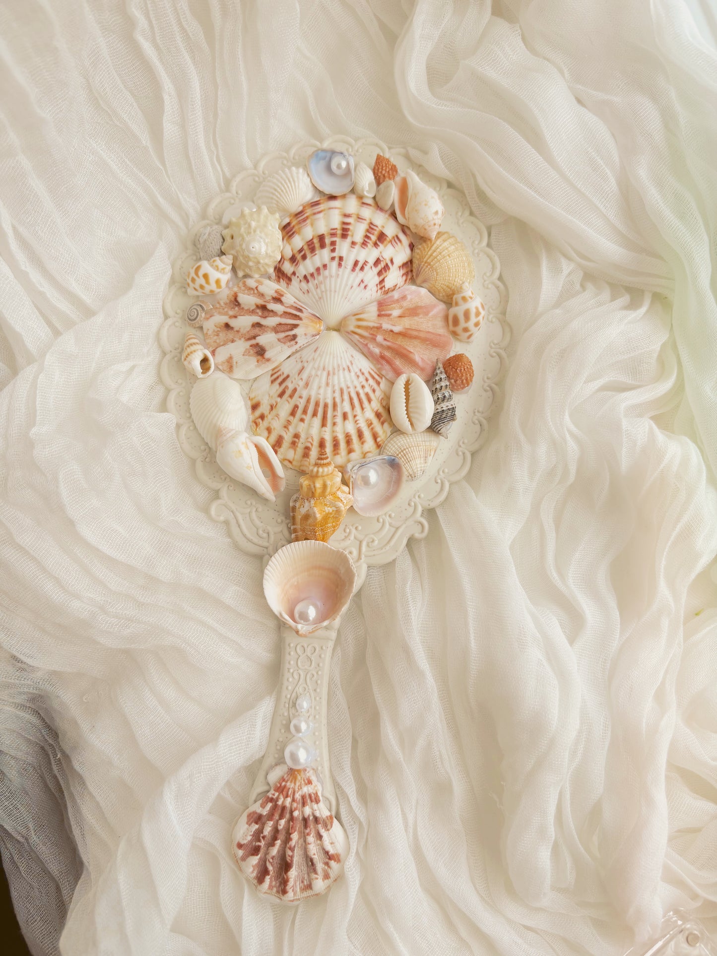 hand held mirror - hand crafted design with shells