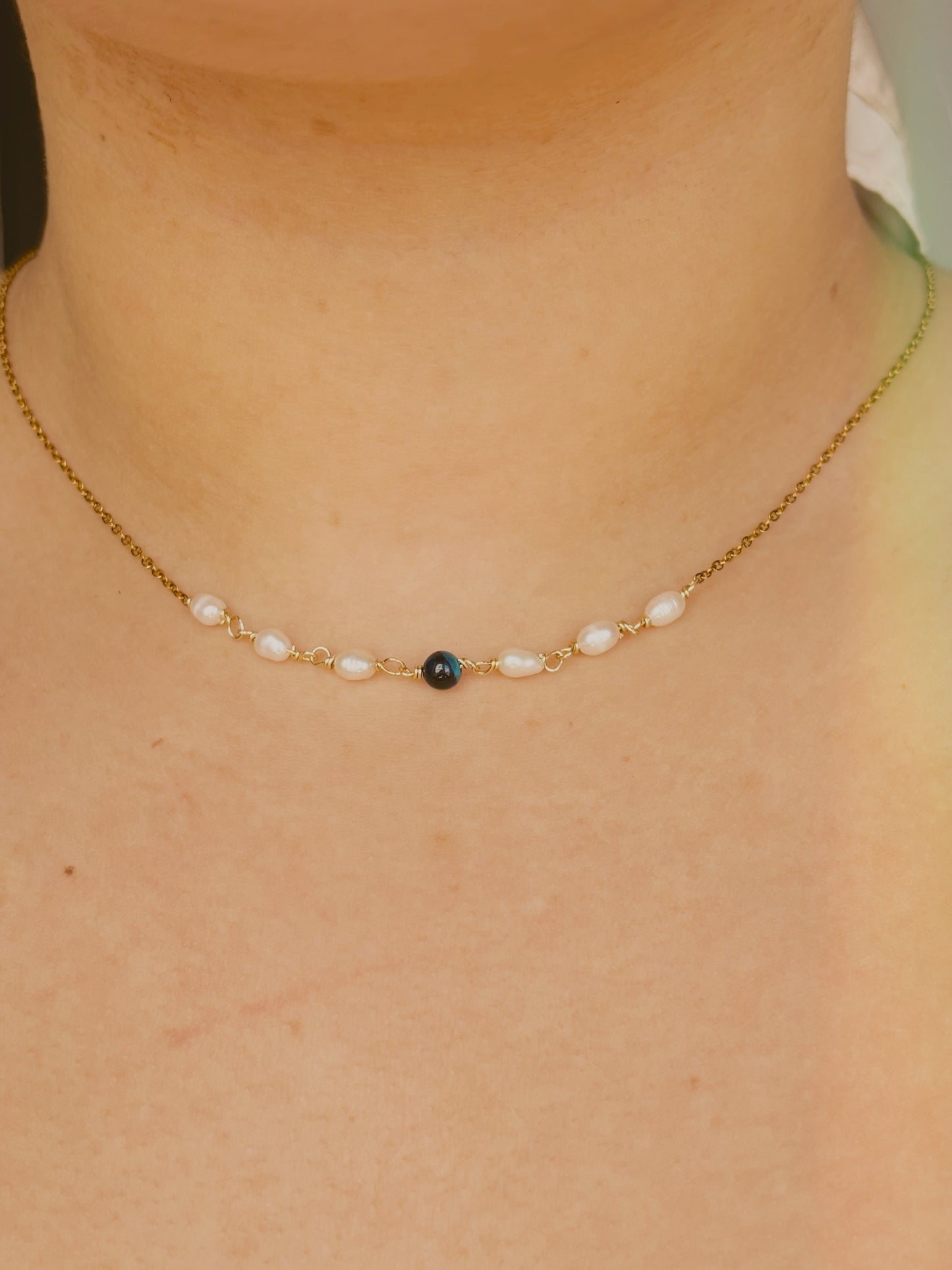 Fresh water pearl Necklace with blue tiger eye - tarnish free - gold & silver - handmade