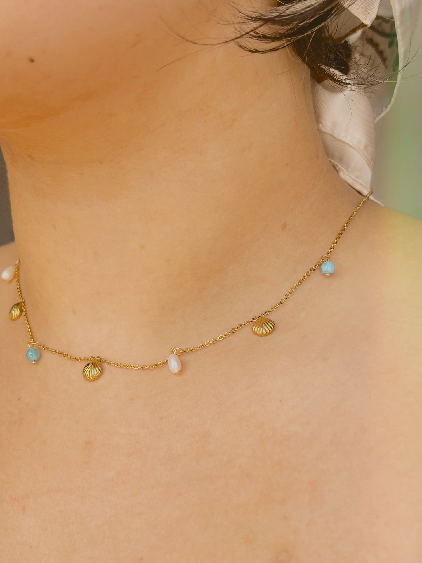 Ocean inspired necklace with shells, freshwater pearls & aquamarine - tarnish free - gold & silver