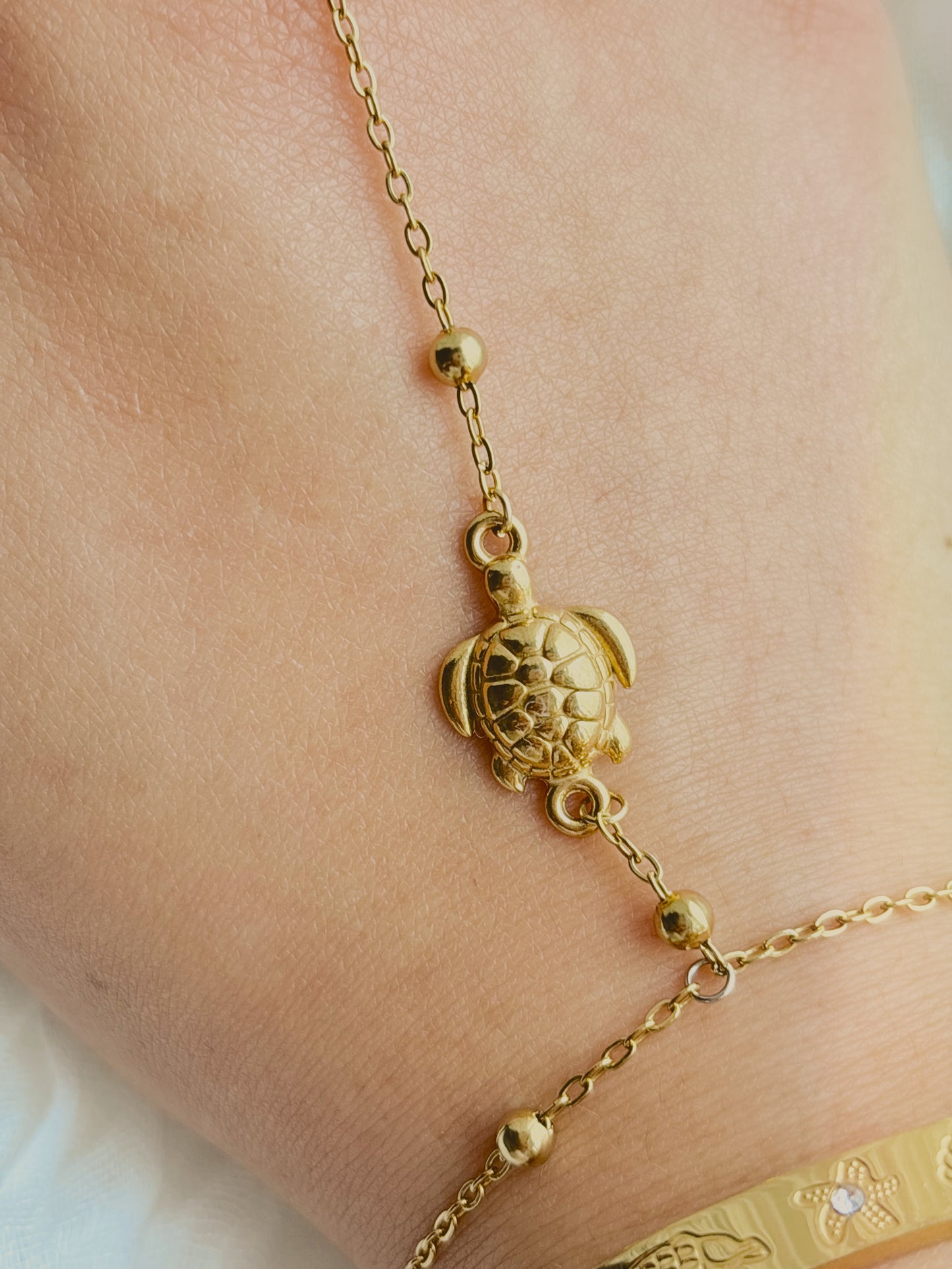 Handmade turtle hand chain - tarnish free - gold or silver