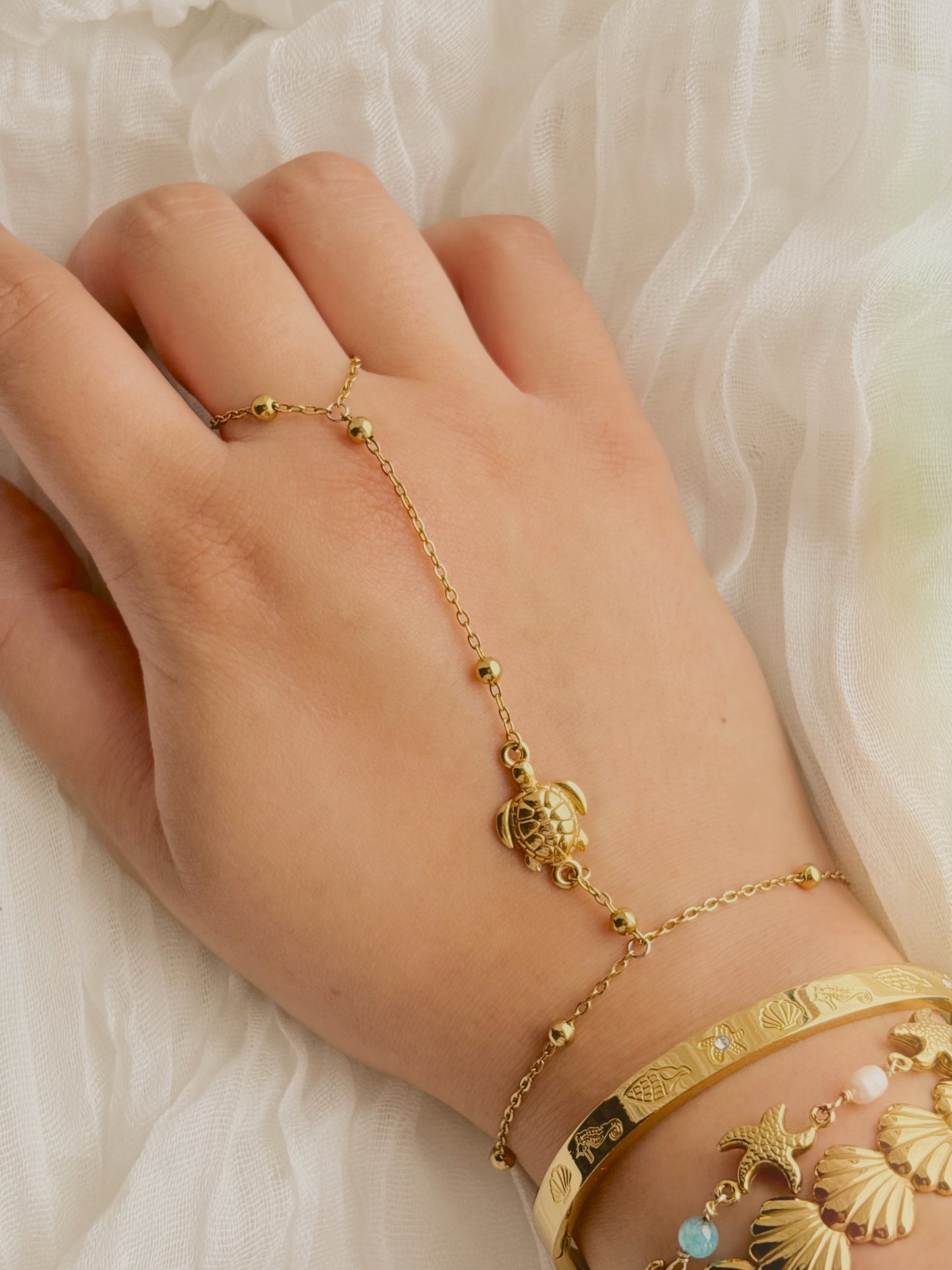 Handmade turtle hand chain - tarnish free - gold or silver
