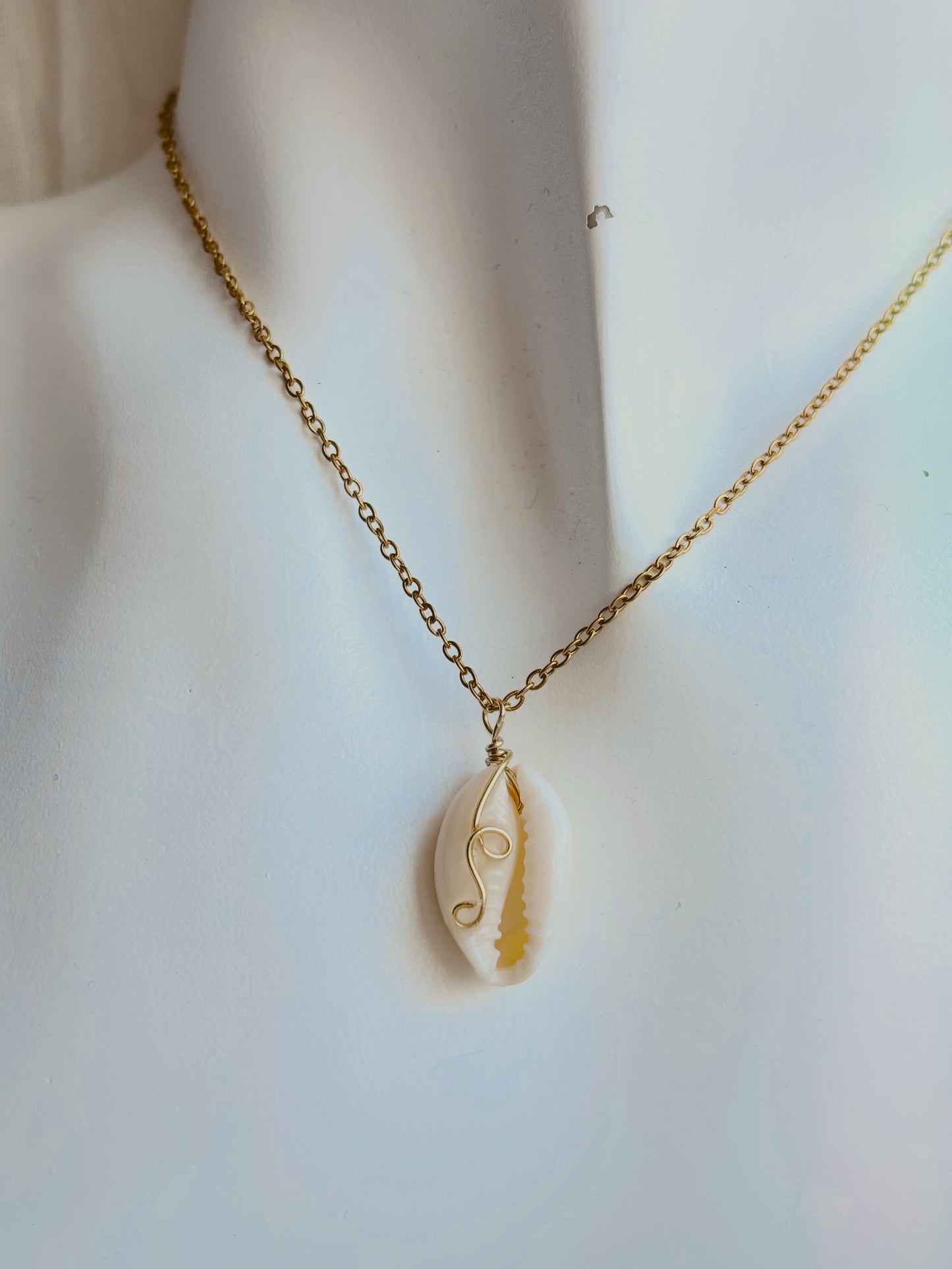 Dainty Cowrie shell necklace with wire detailing - handmade - tarnish free - gold or silver