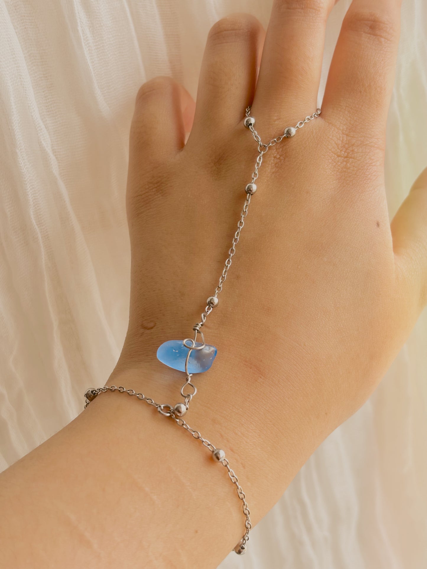 Adjustable customisable sea glass hand chain - handmade - tarnish free - gold or silver