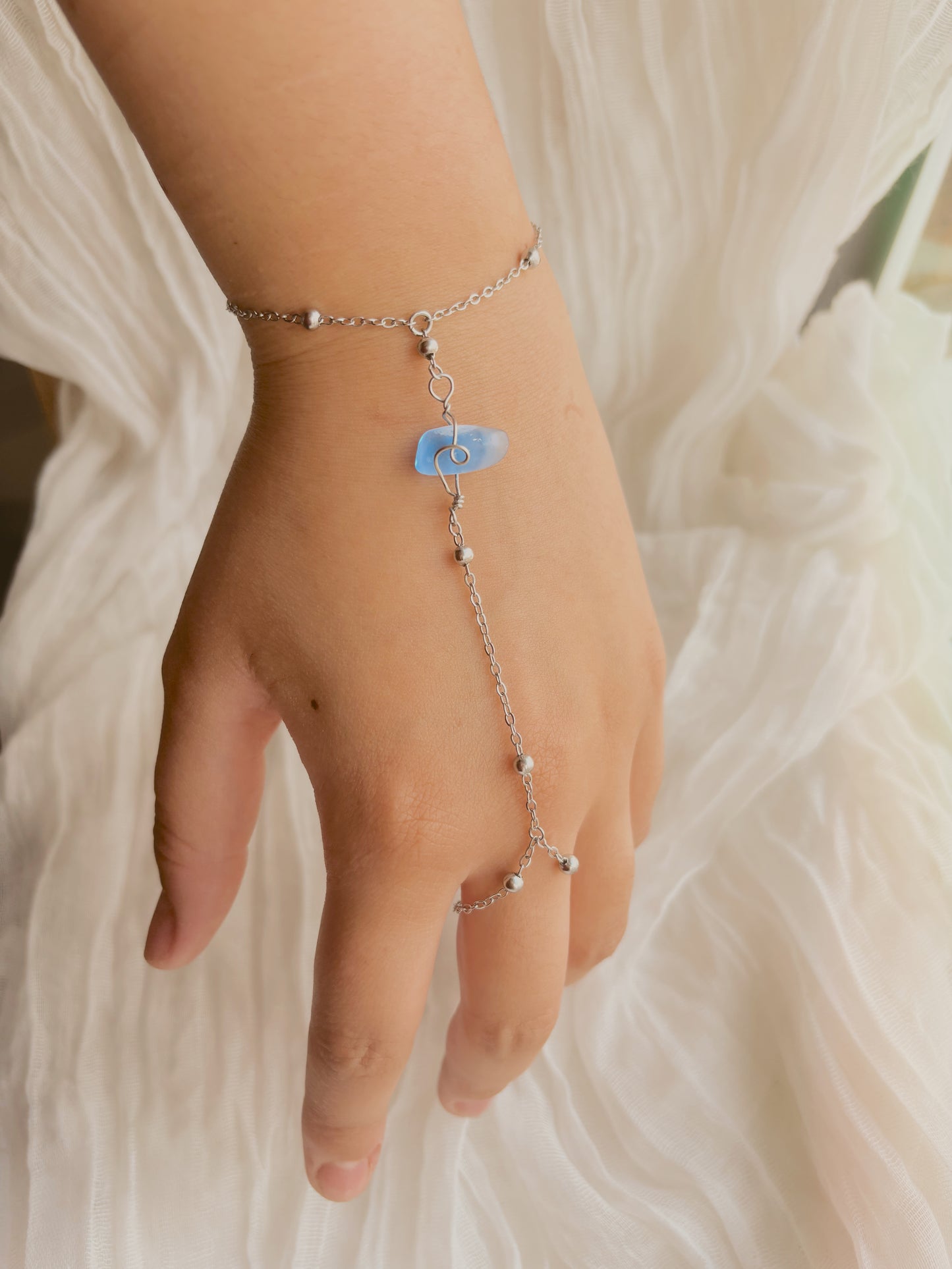 Adjustable customisable sea glass hand chain - handmade - tarnish free - gold or silver