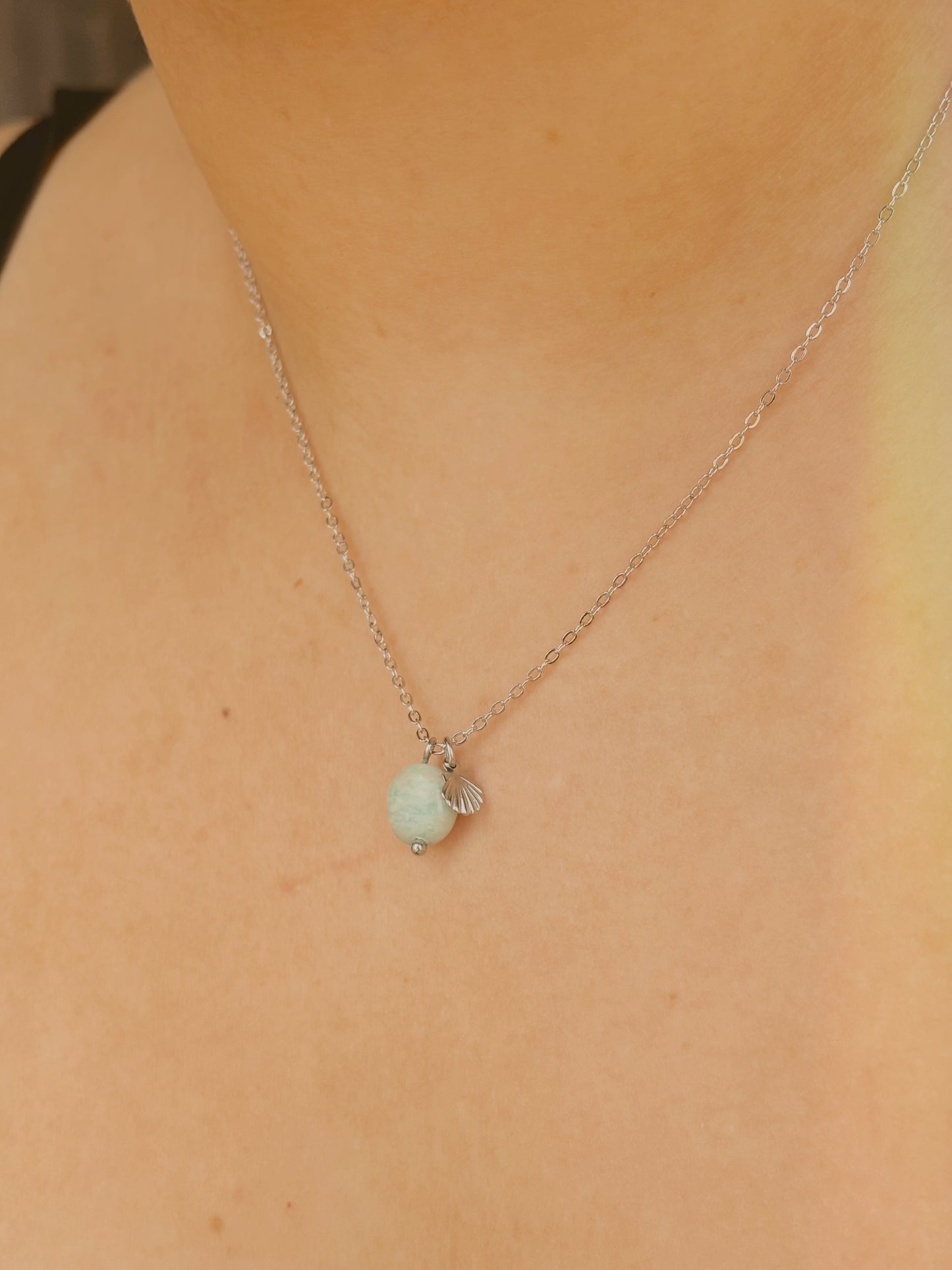 Ocean stone necklace with small shell - tarnish free - gold & silver