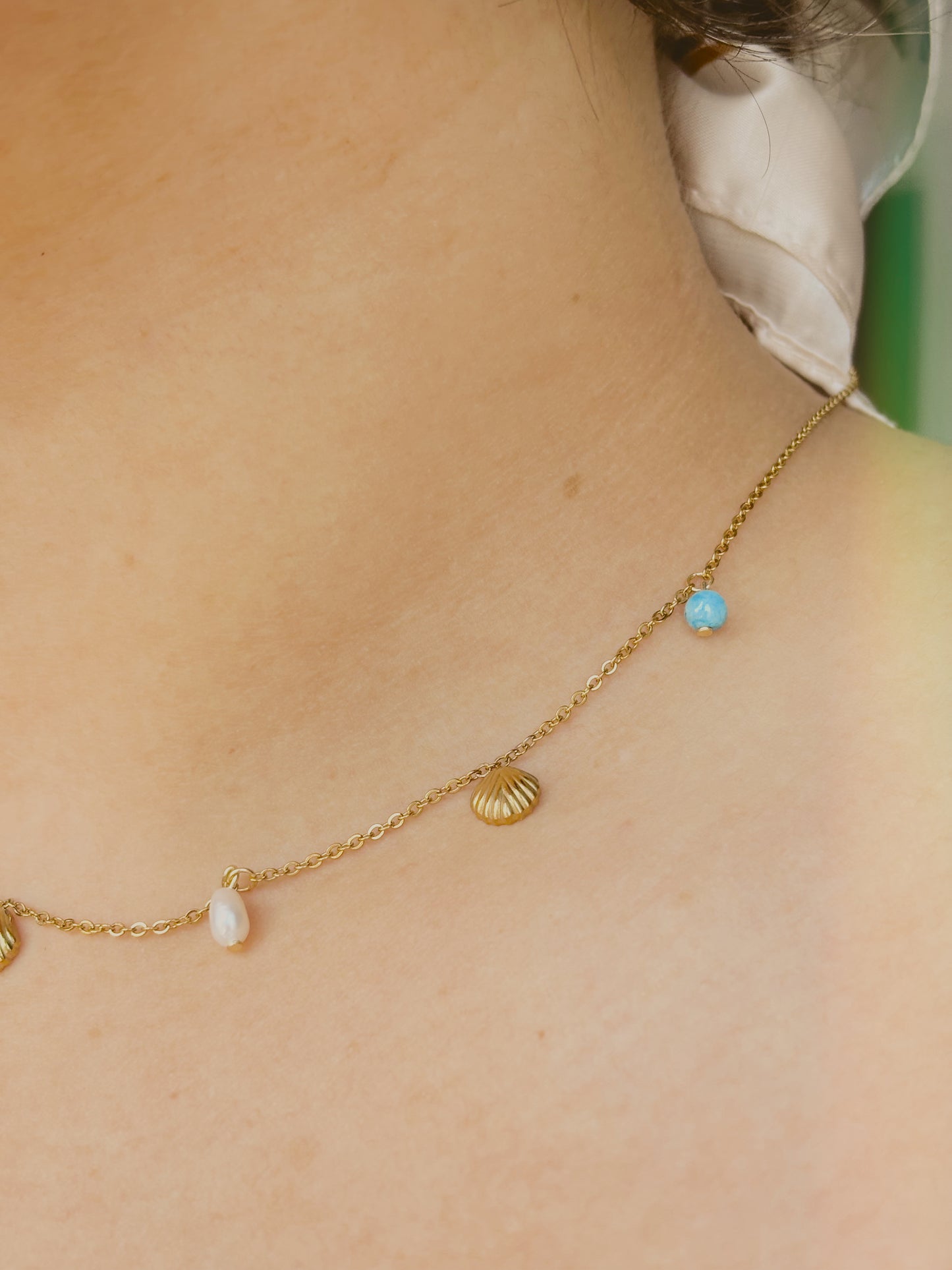 Ocean inspired necklace with shells, freshwater pearls & aquamarine - tarnish free - gold & silver