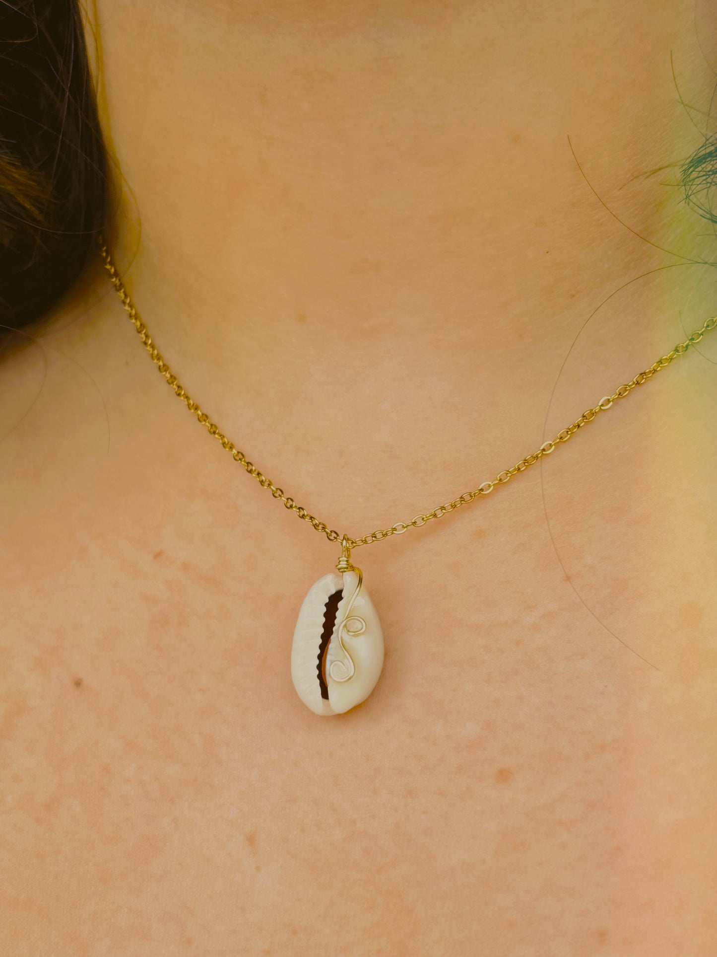 Dainty Cowrie shell necklace with wire detailing - handmade - tarnish free - gold or silver