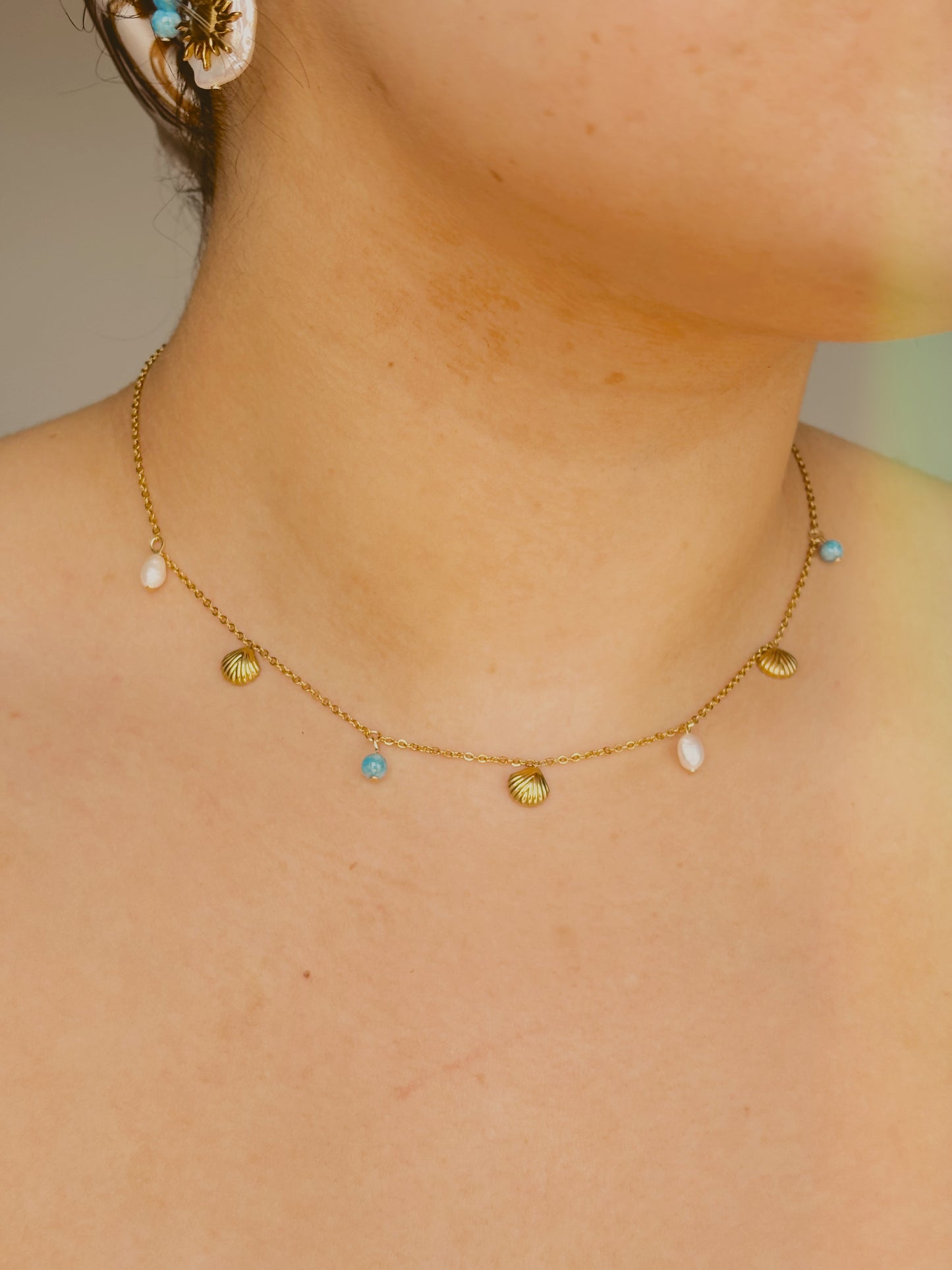 Ocean inspired necklace with shells, freshwater pearls & aquamarine - tarnish free - gold & silver