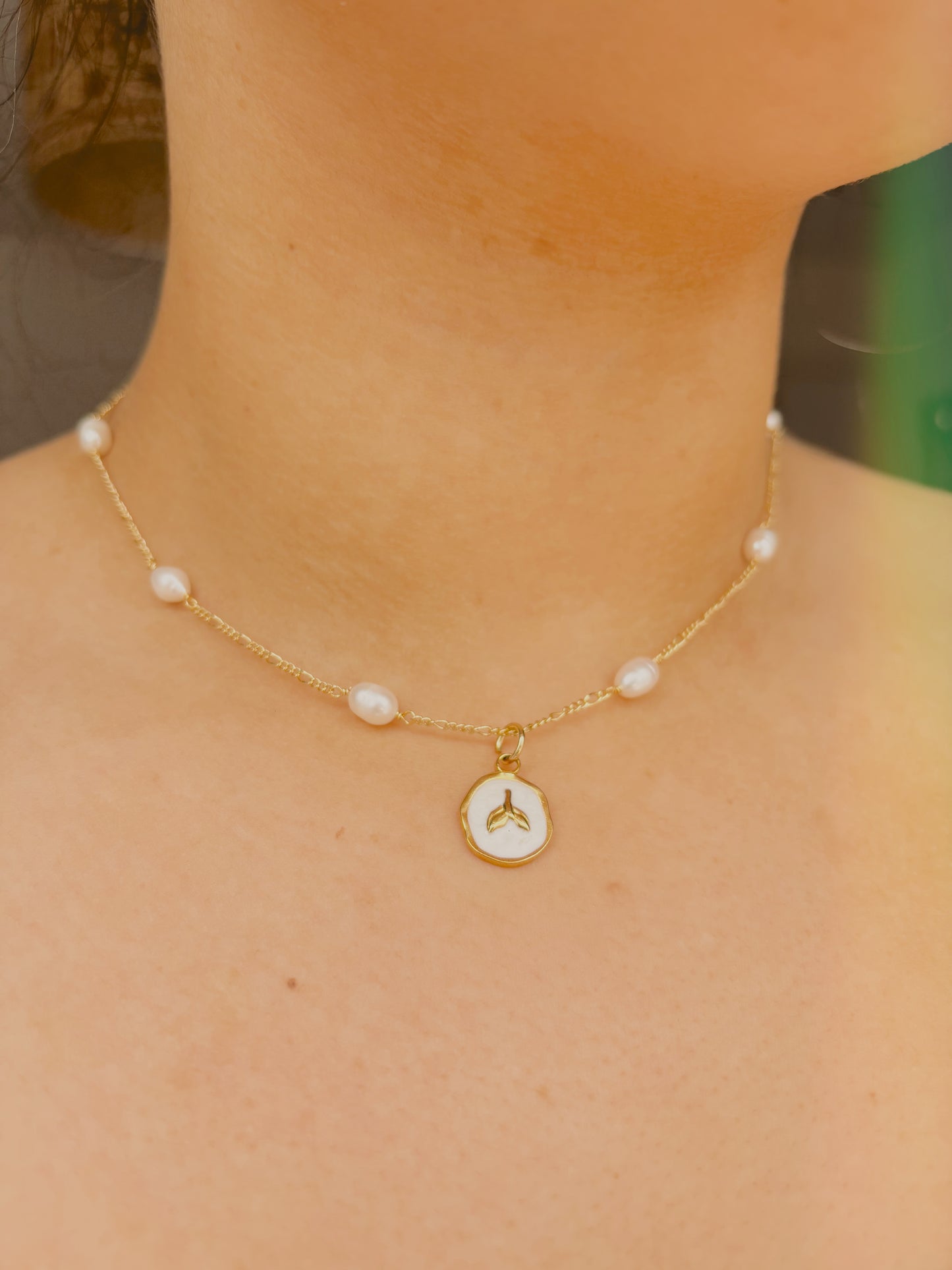 18k gold plated Fresh water pearl necklace with surprise ocean inspired coin