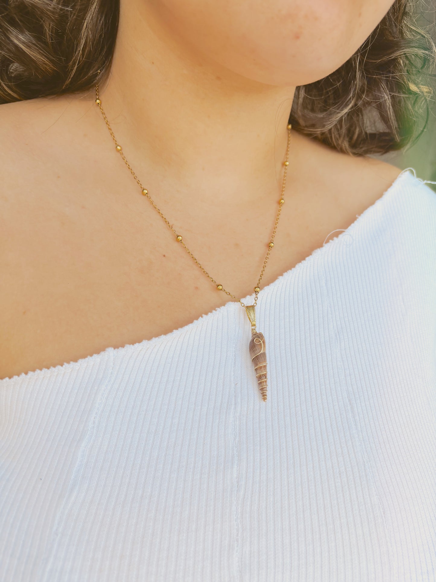 Natural shell necklace with unique wire detailing - tarnish free - silver & gold