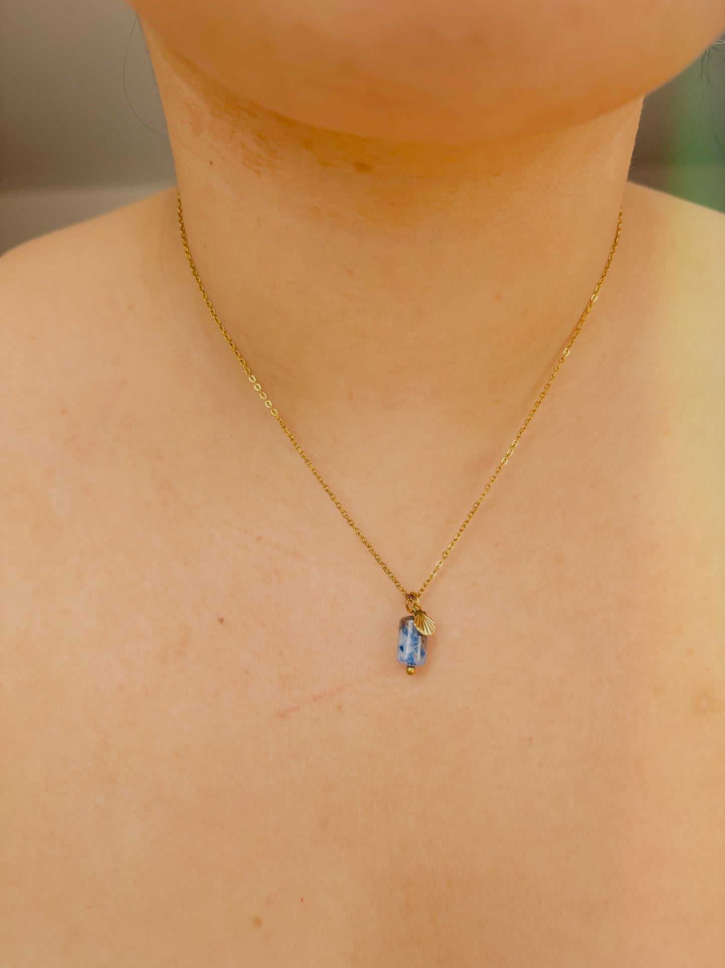 Ocean stone necklace with small shell - tarnish free - gold & silver