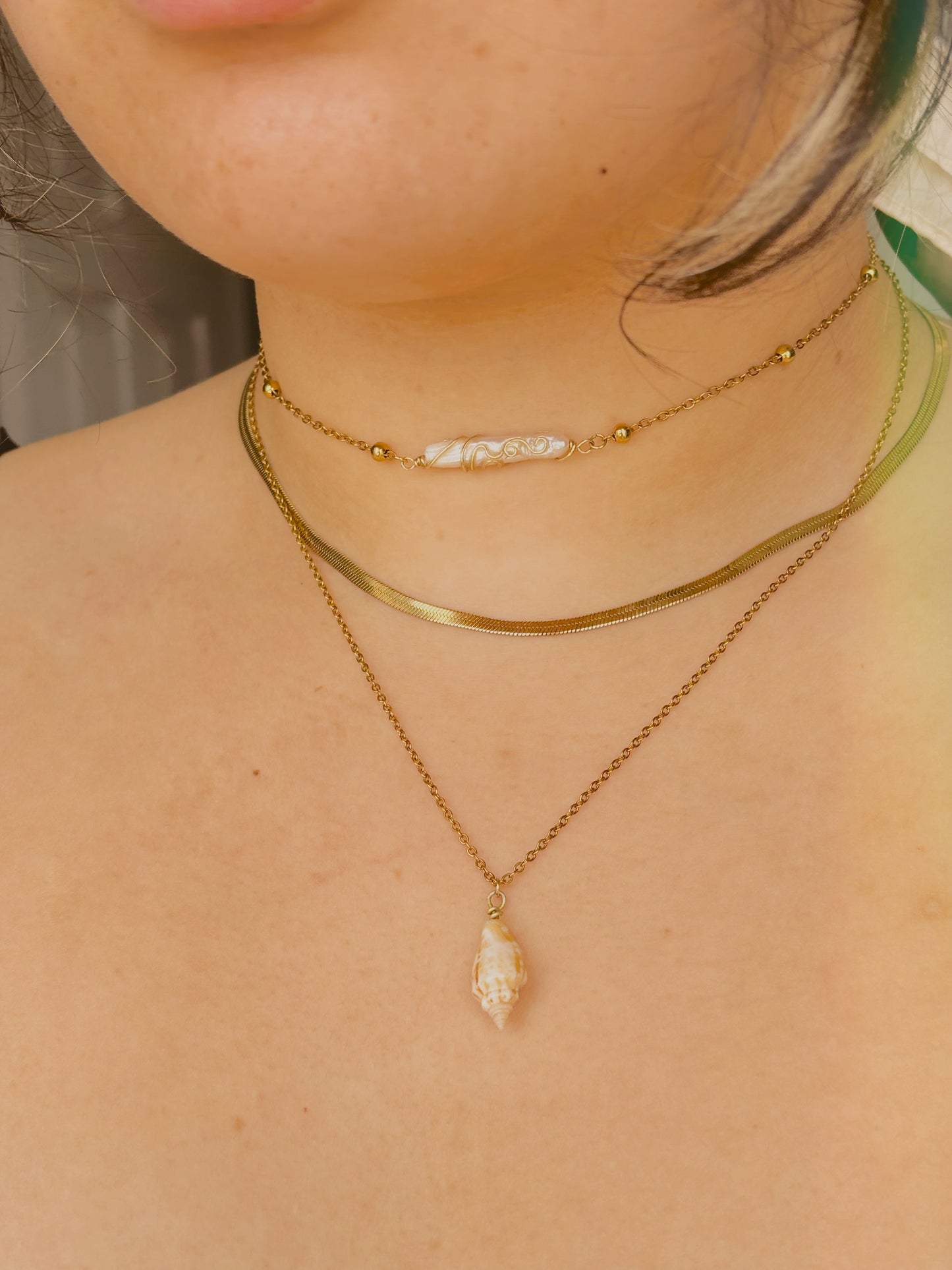 Ocean inspired shell and freshwater pearl necklace set/ stack - tarnish free - handmade - gold or silver - comes with magnetic clasp