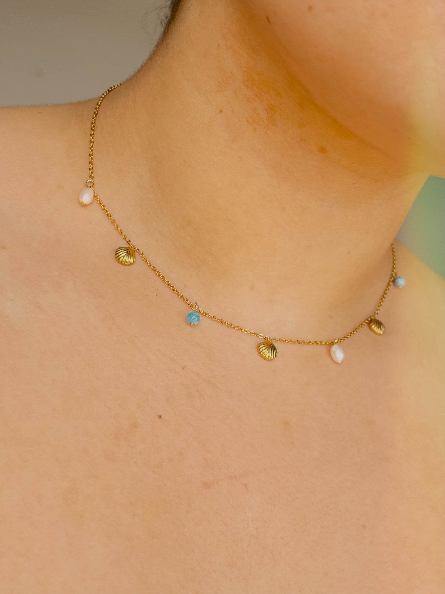 Ocean inspired necklace with shells, freshwater pearls & aquamarine - tarnish free - gold & silver