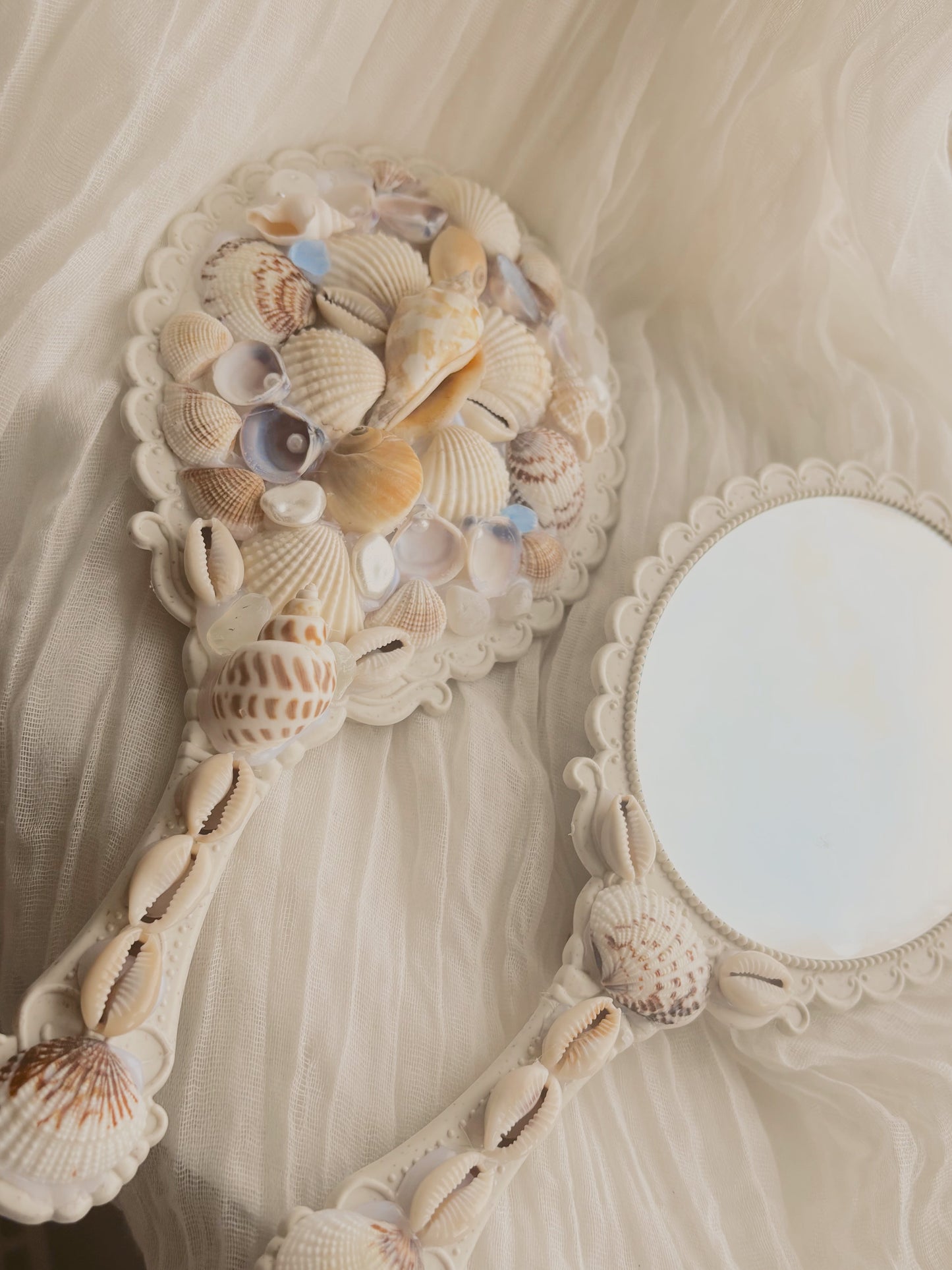 hand held mirror - hand crafted design with shells