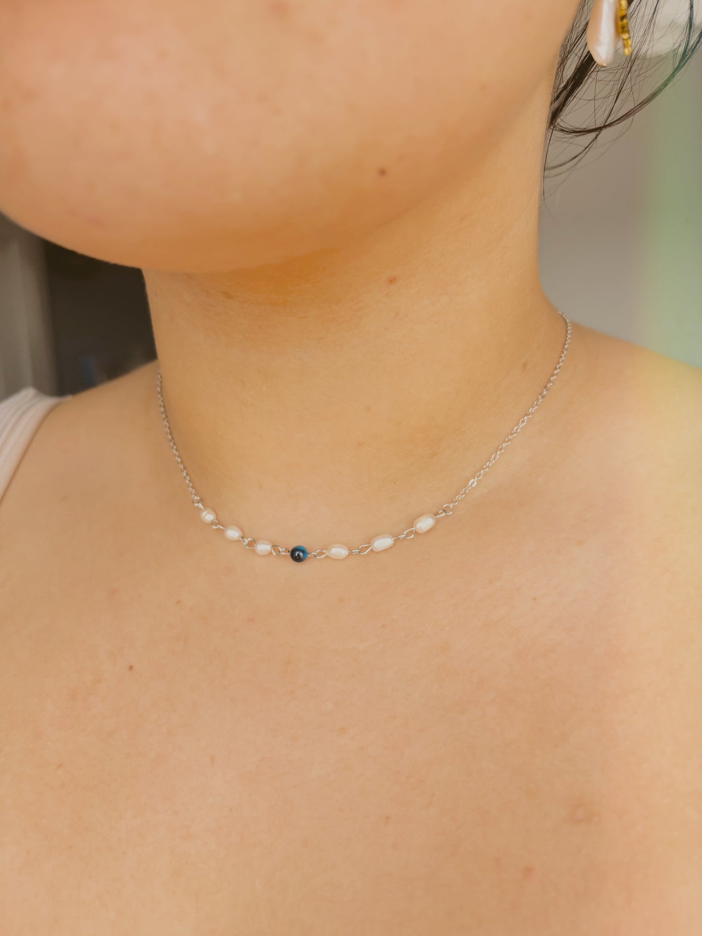 Fresh water pearl Necklace with blue tiger eye - tarnish free - gold & silver - handmade