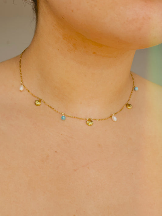 Ocean inspired necklace with shells, freshwater pearls & aquamarine - tarnish free - gold & silver