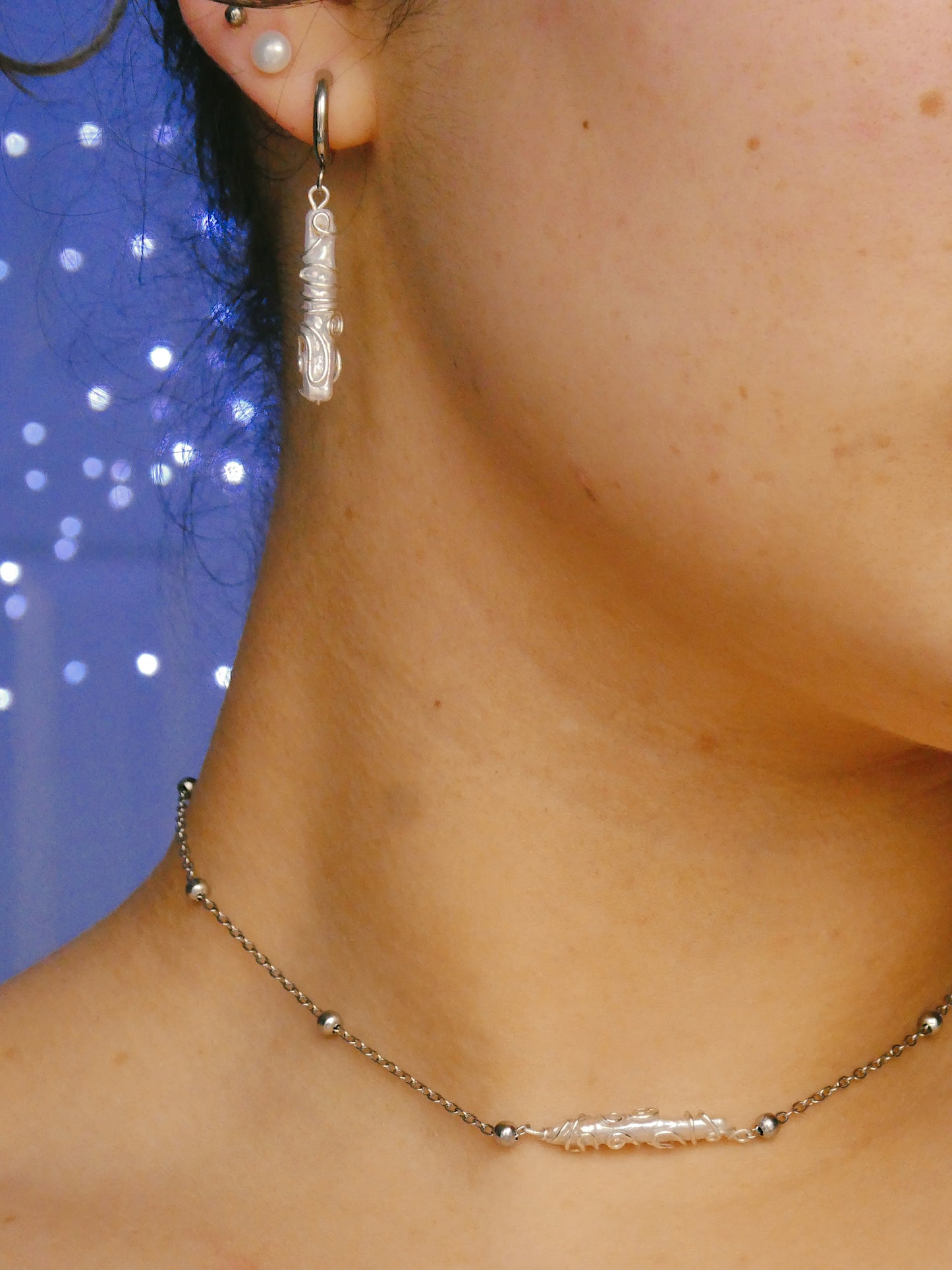 Detailed wire wrapped fresh water pearl necklace & earrings set
