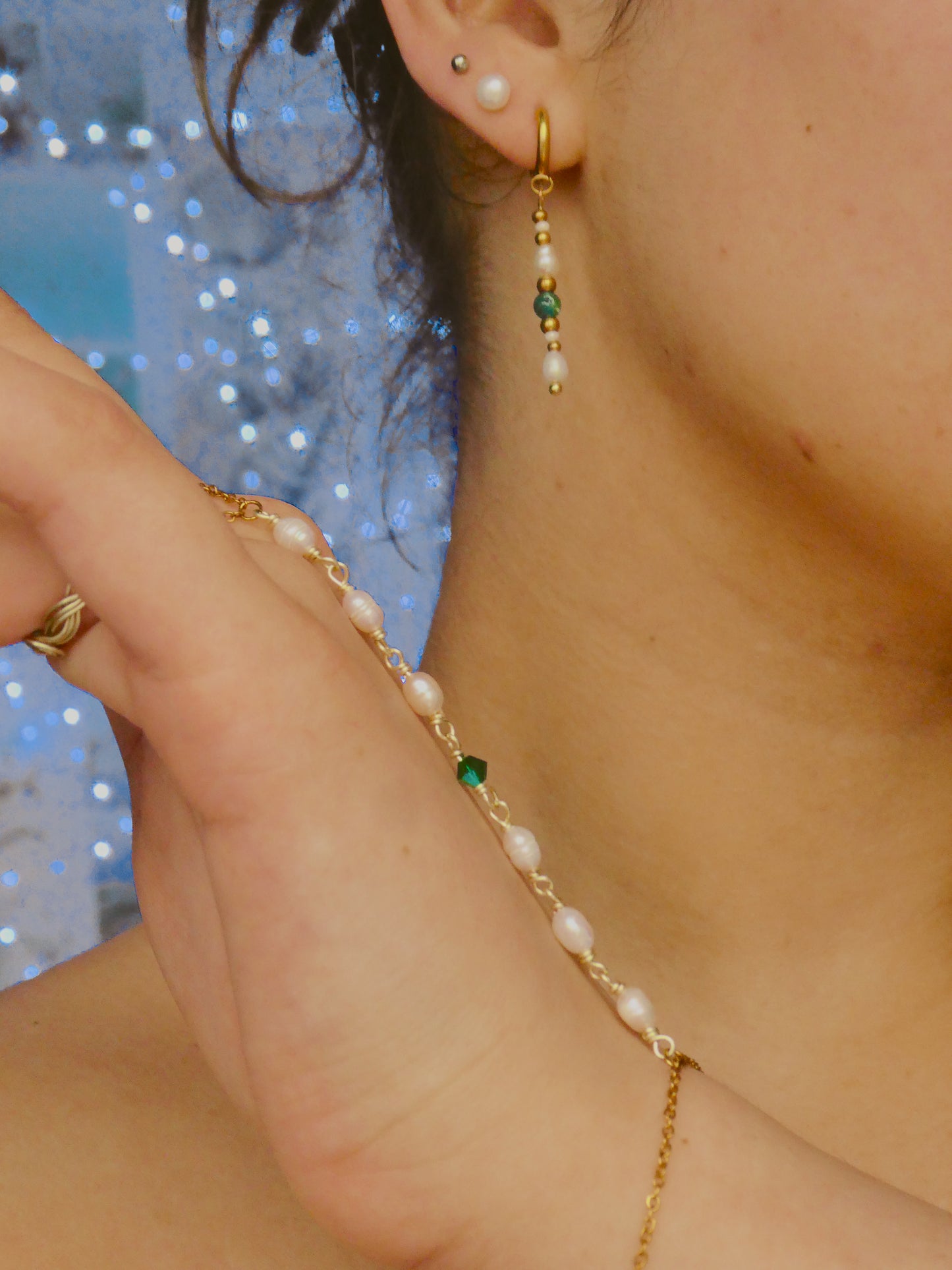 Custom pearl and gem hand chain