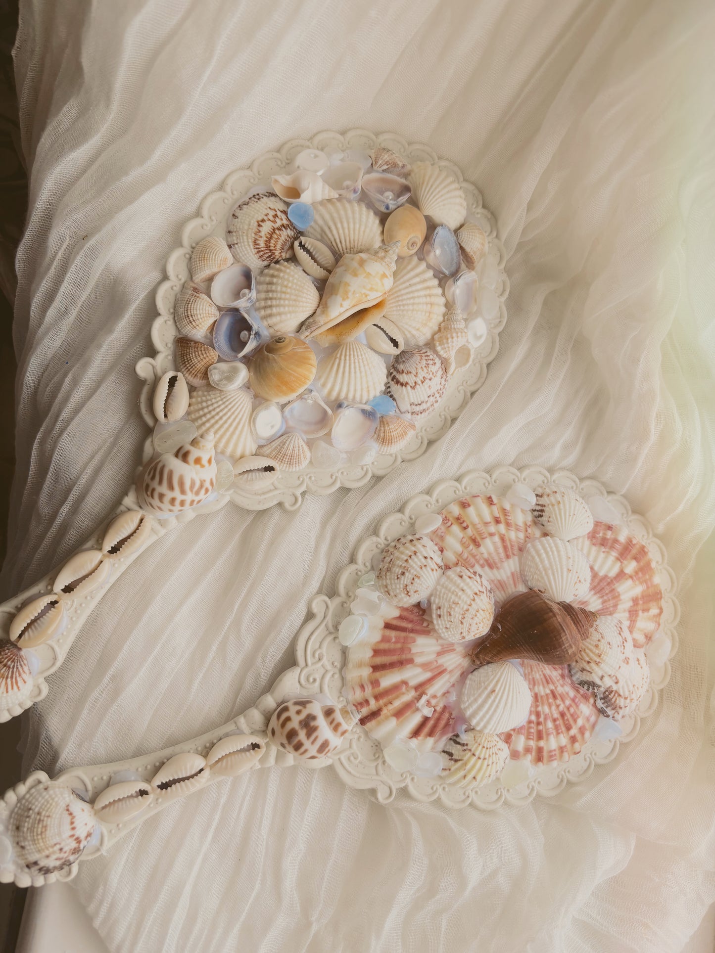 hand held mirror - hand crafted design with shells