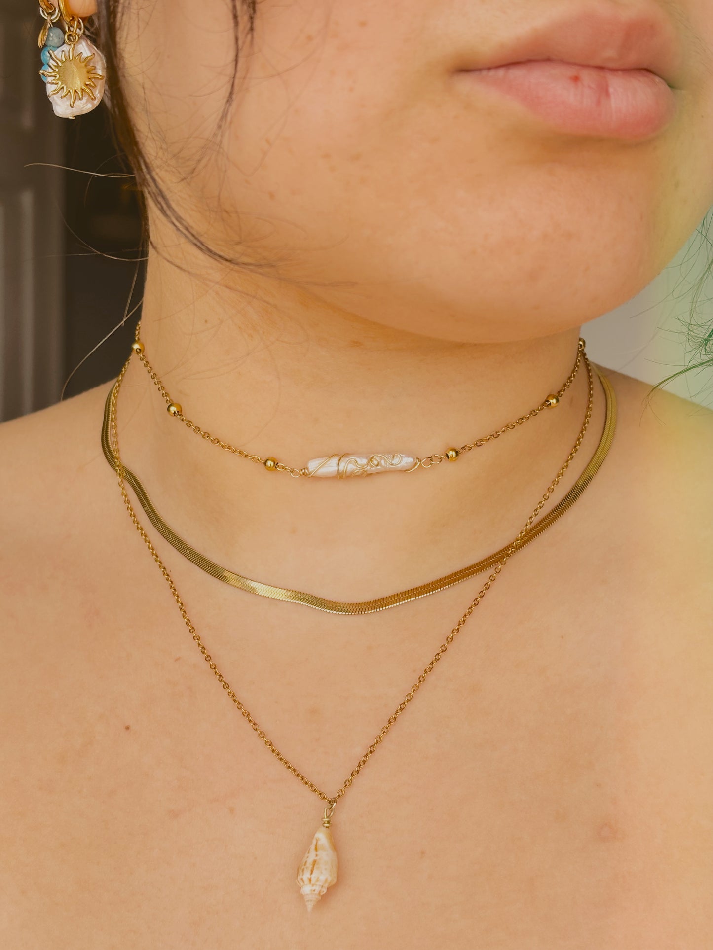 Ocean inspired shell and freshwater pearl necklace set/ stack - tarnish free - handmade - gold or silver - comes with magnetic clasp