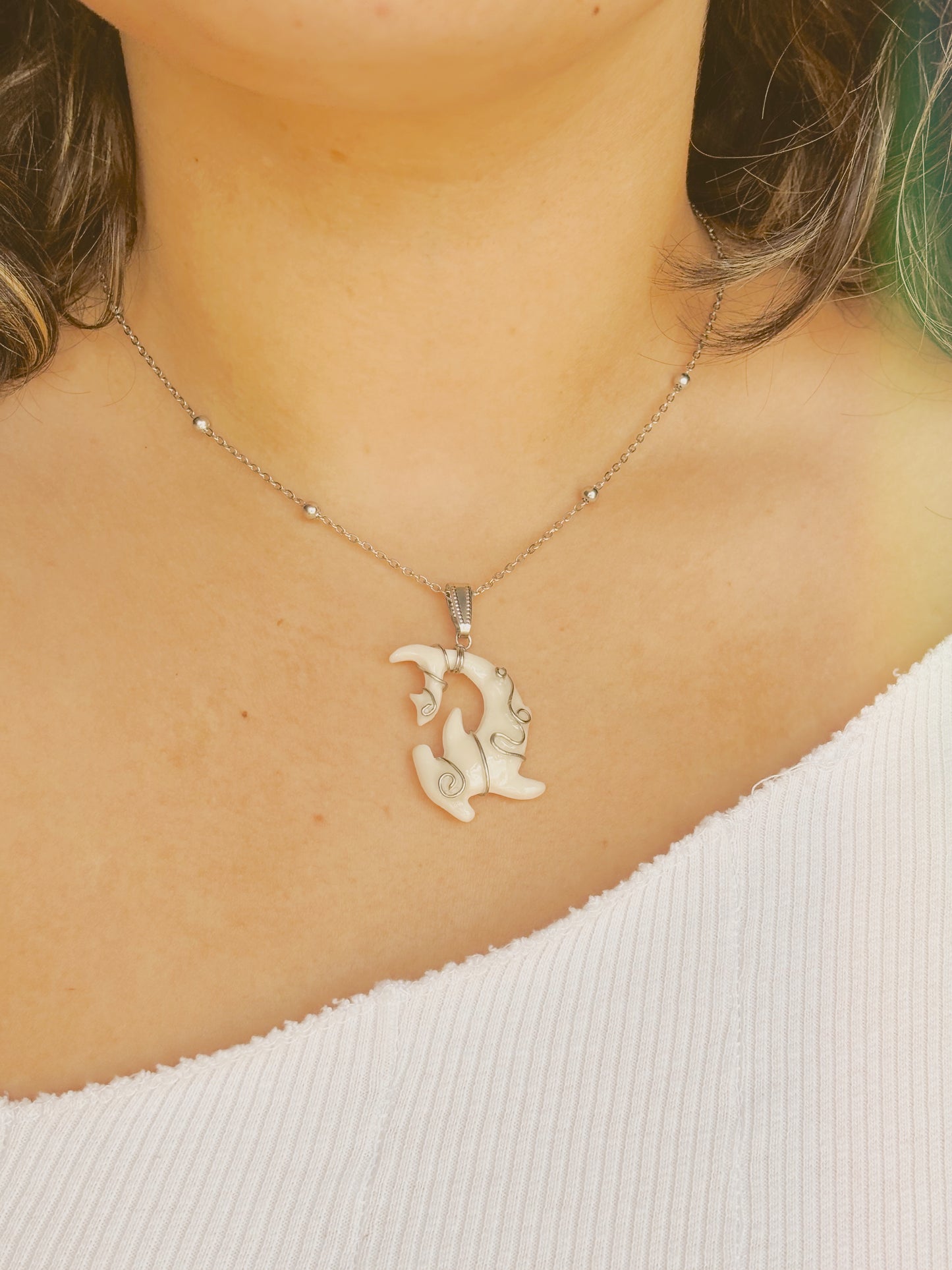Hand Wrapped bone tooth shark necklace | waterproof | tarnish free | gold & silver