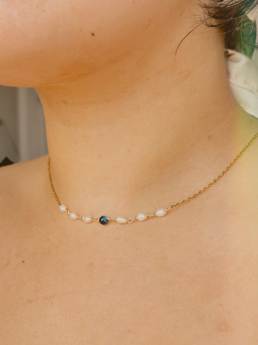 Fresh water pearl Necklace with blue tiger eye - tarnish free - gold & silver - handmade