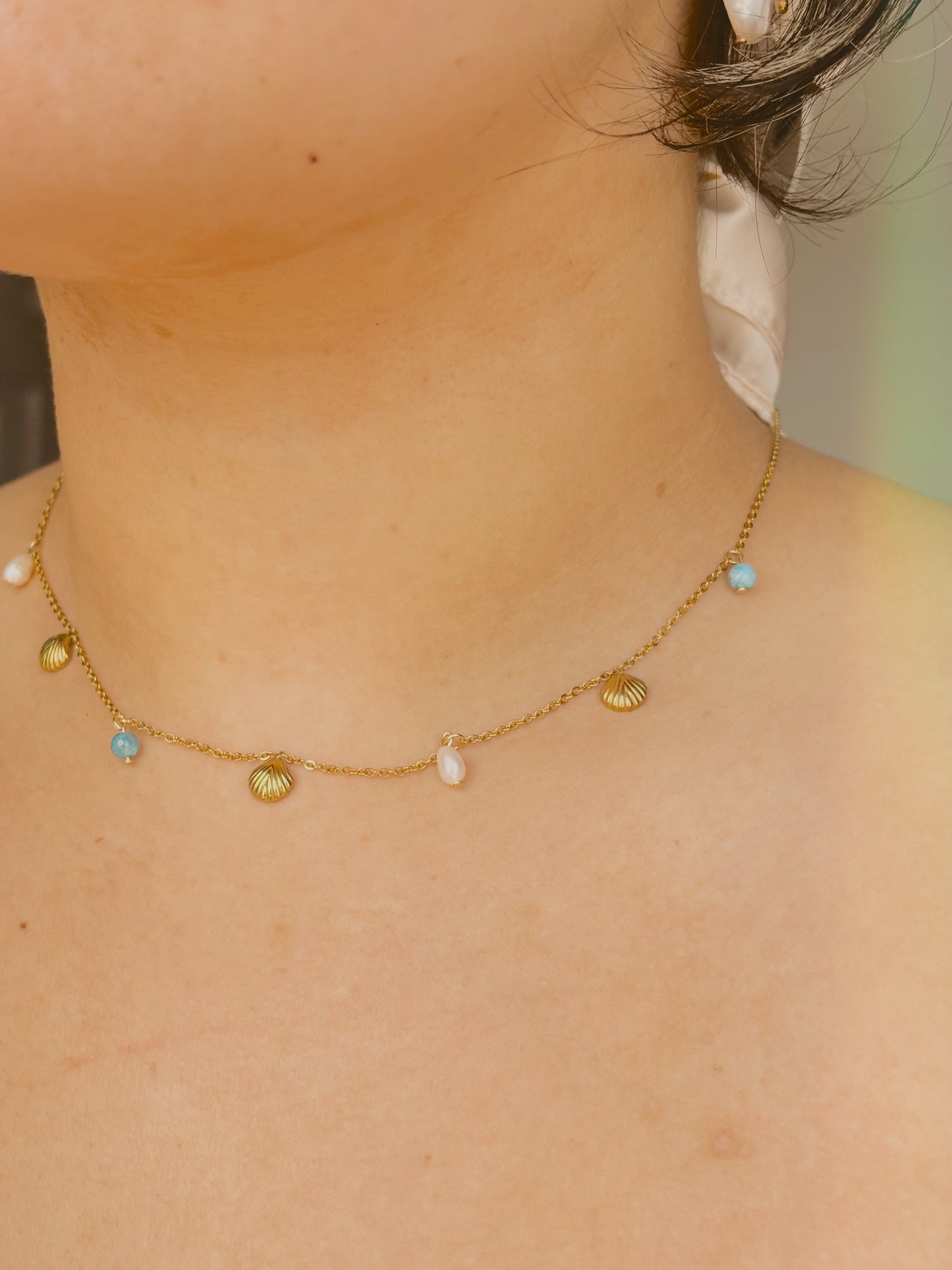 Ocean inspired necklace with shells, freshwater pearls & aquamarine - tarnish free - gold & silver