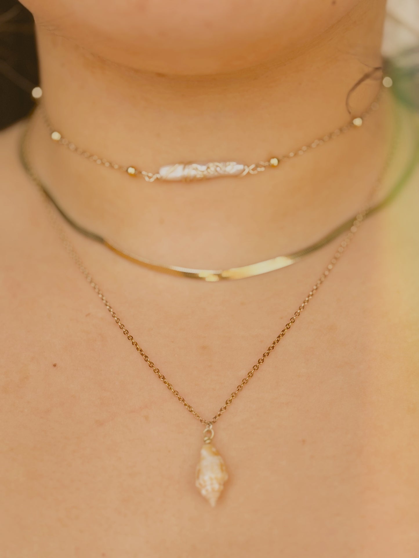 Ocean inspired shell and freshwater pearl necklace set/ stack - tarnish free - handmade - gold or silver - comes with magnetic clasp