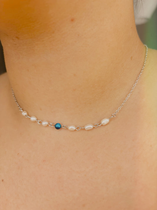 Fresh water pearl Necklace with blue tiger eye - tarnish free - gold & silver - handmade