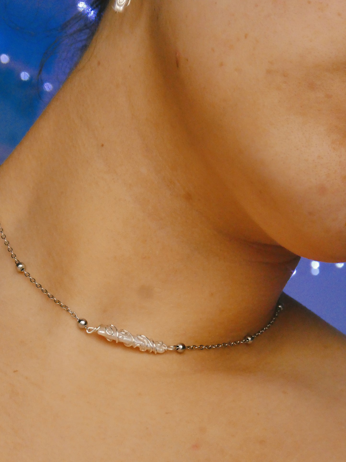 Detailed wire wrapped fresh water pearl necklace & earrings set