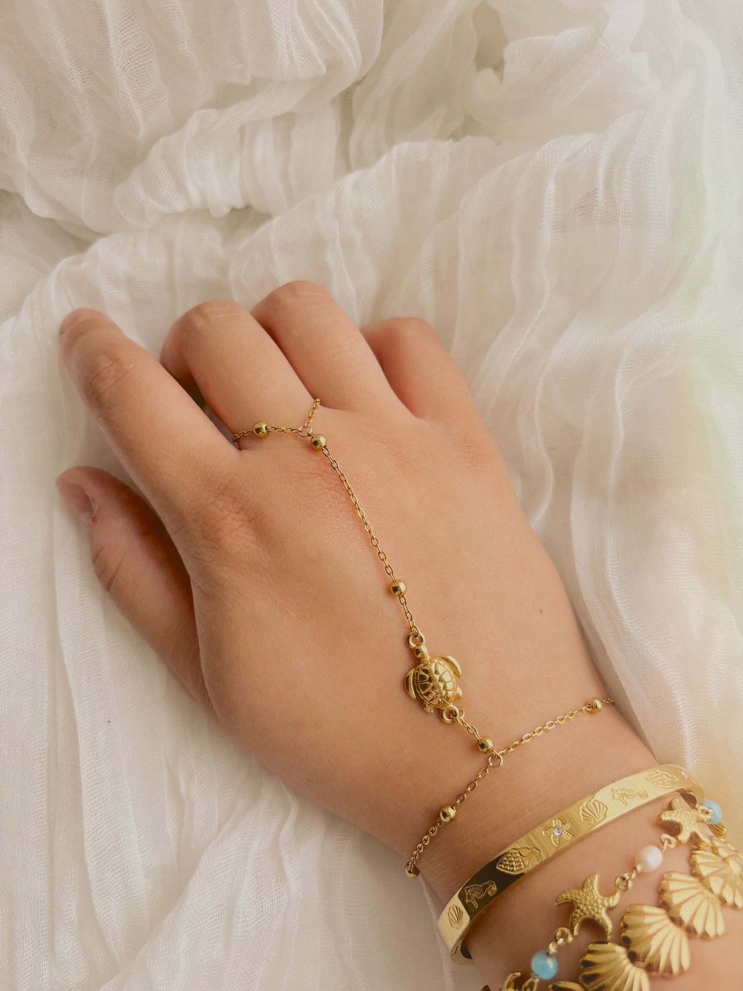 Handmade turtle hand chain - tarnish free - gold or silver