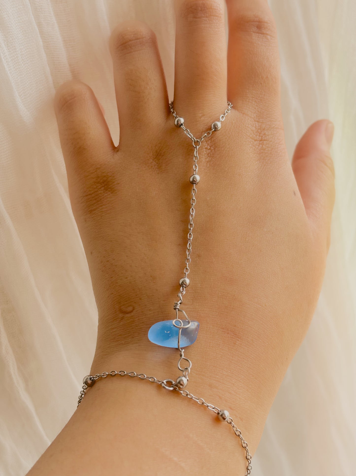 Adjustable customisable sea glass hand chain - handmade - tarnish free - gold or silver