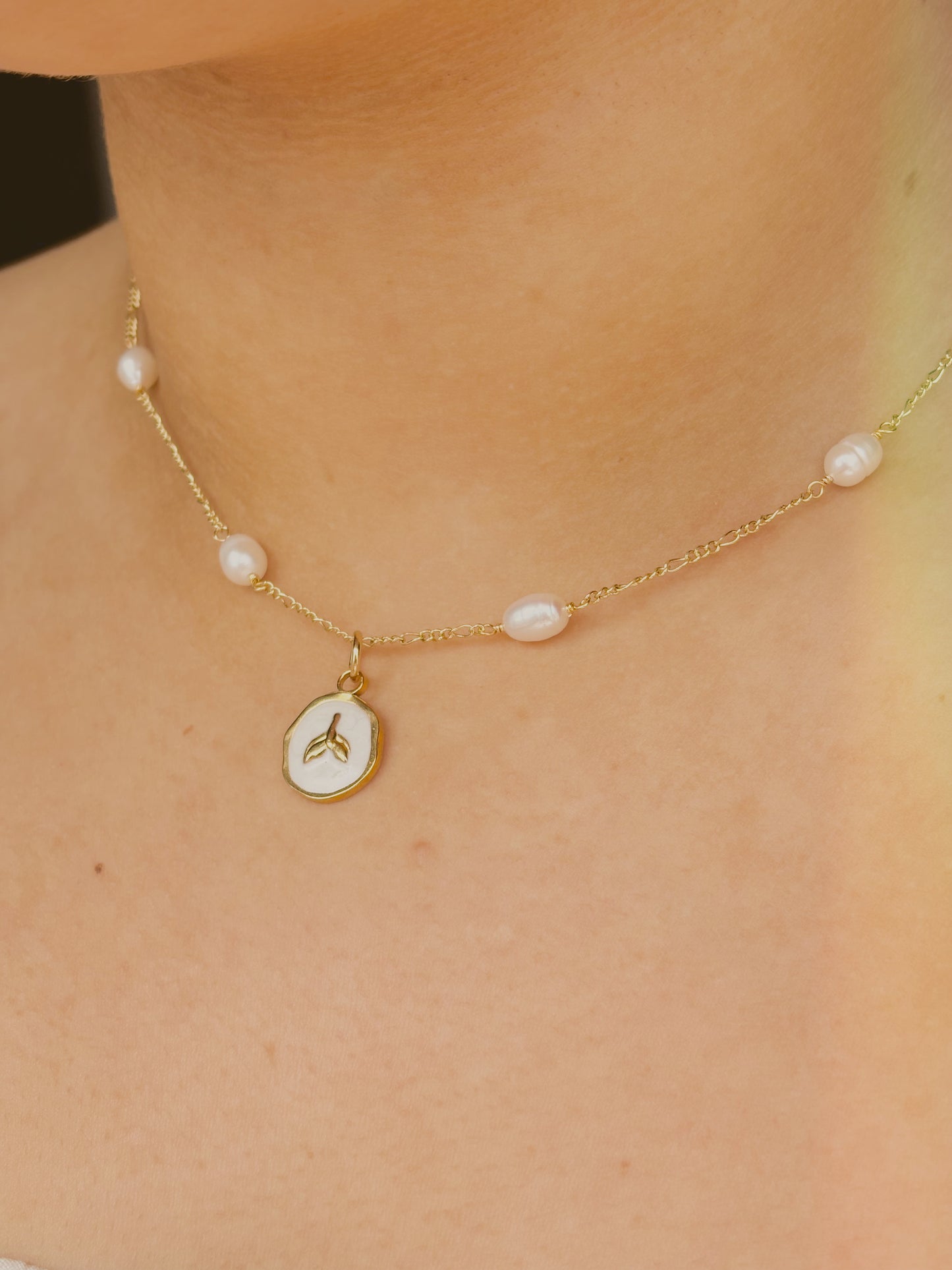 18k gold plated Fresh water pearl necklace with surprise ocean inspired coin
