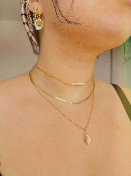 Ocean inspired shell and freshwater pearl necklace set/ stack - tarnish free - handmade - gold or silver - comes with magnetic clasp