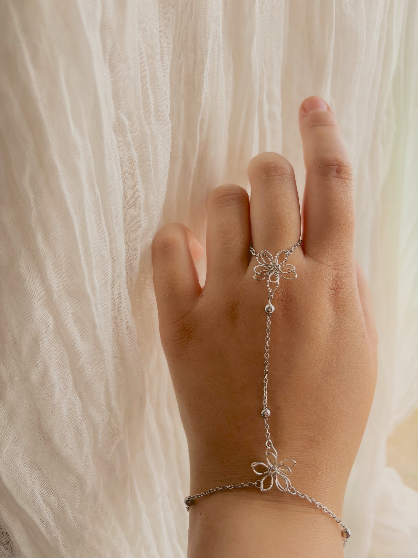 Handmade flower hand chain - tarnish free - gold or silver