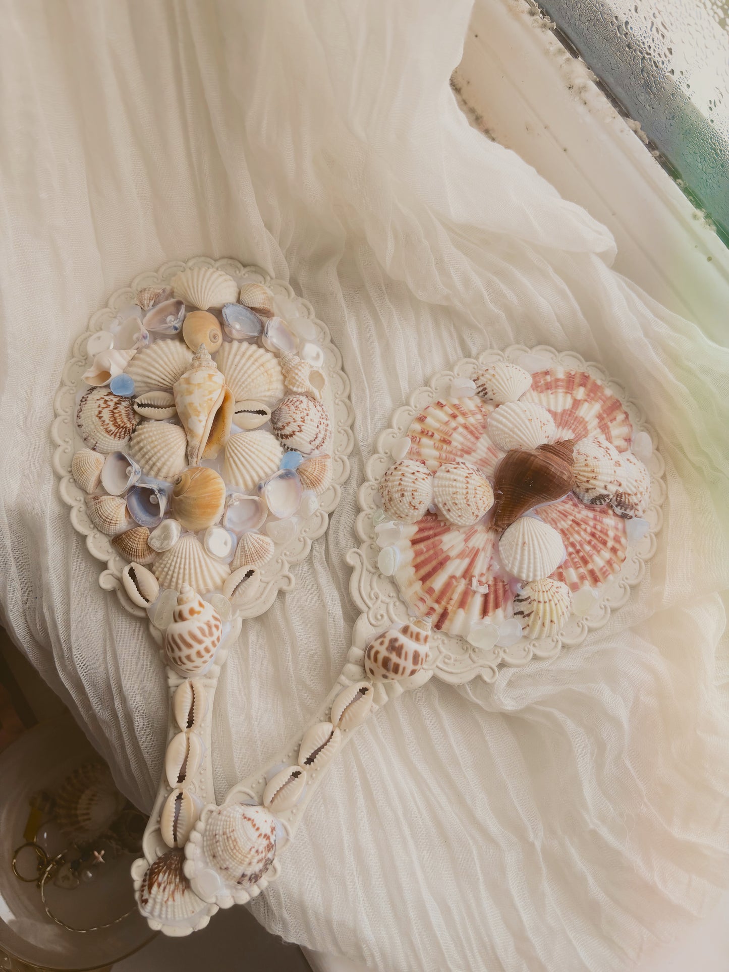 hand held mirror - hand crafted design with shells