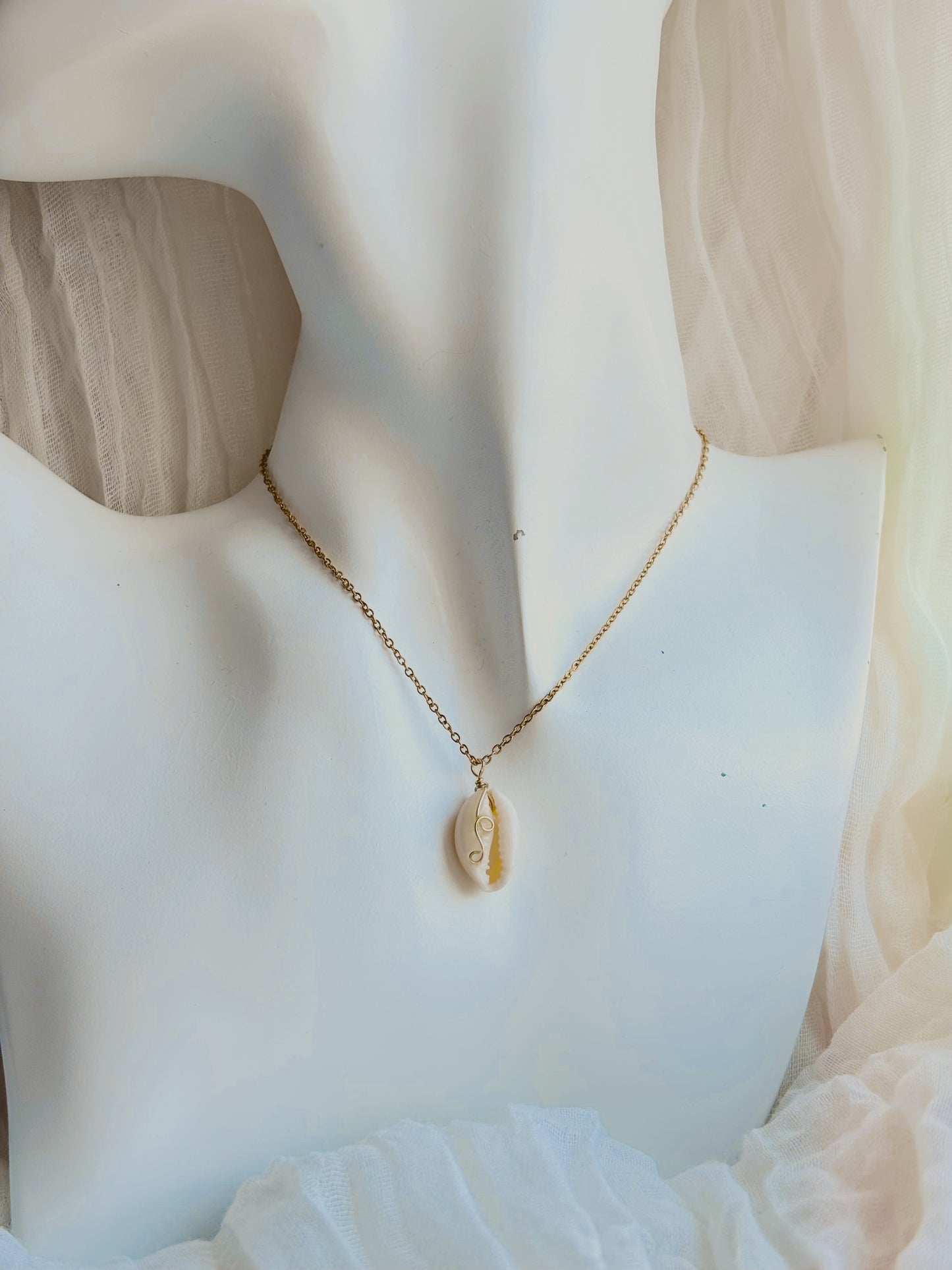 Dainty Cowrie shell necklace with wire detailing  - handmade - tarnish free - gold or silver