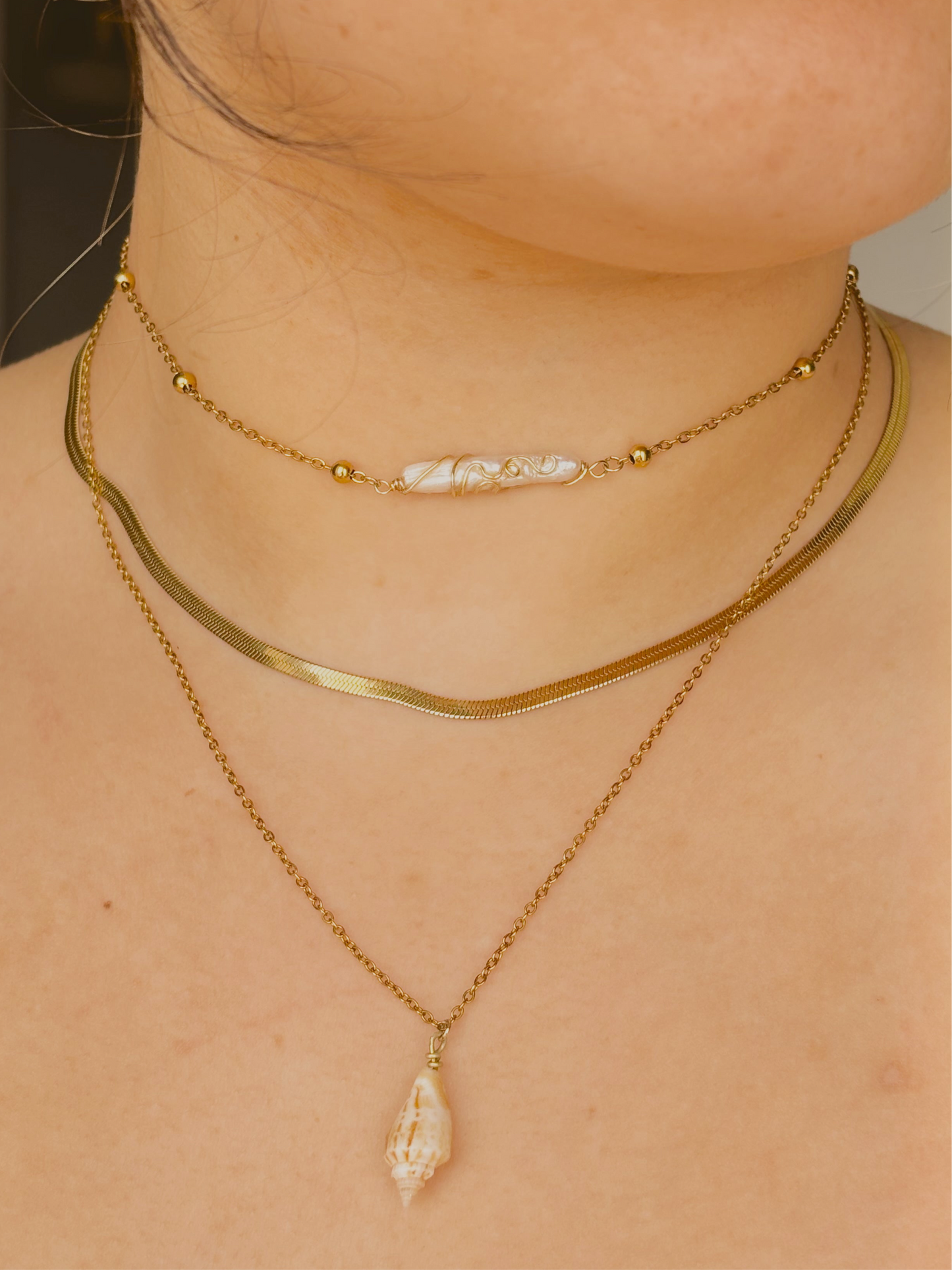 Ocean inspired shell and freshwater pearl necklace set/ stack - tarnish free - handmade - gold or silver - comes with magnetic clasp