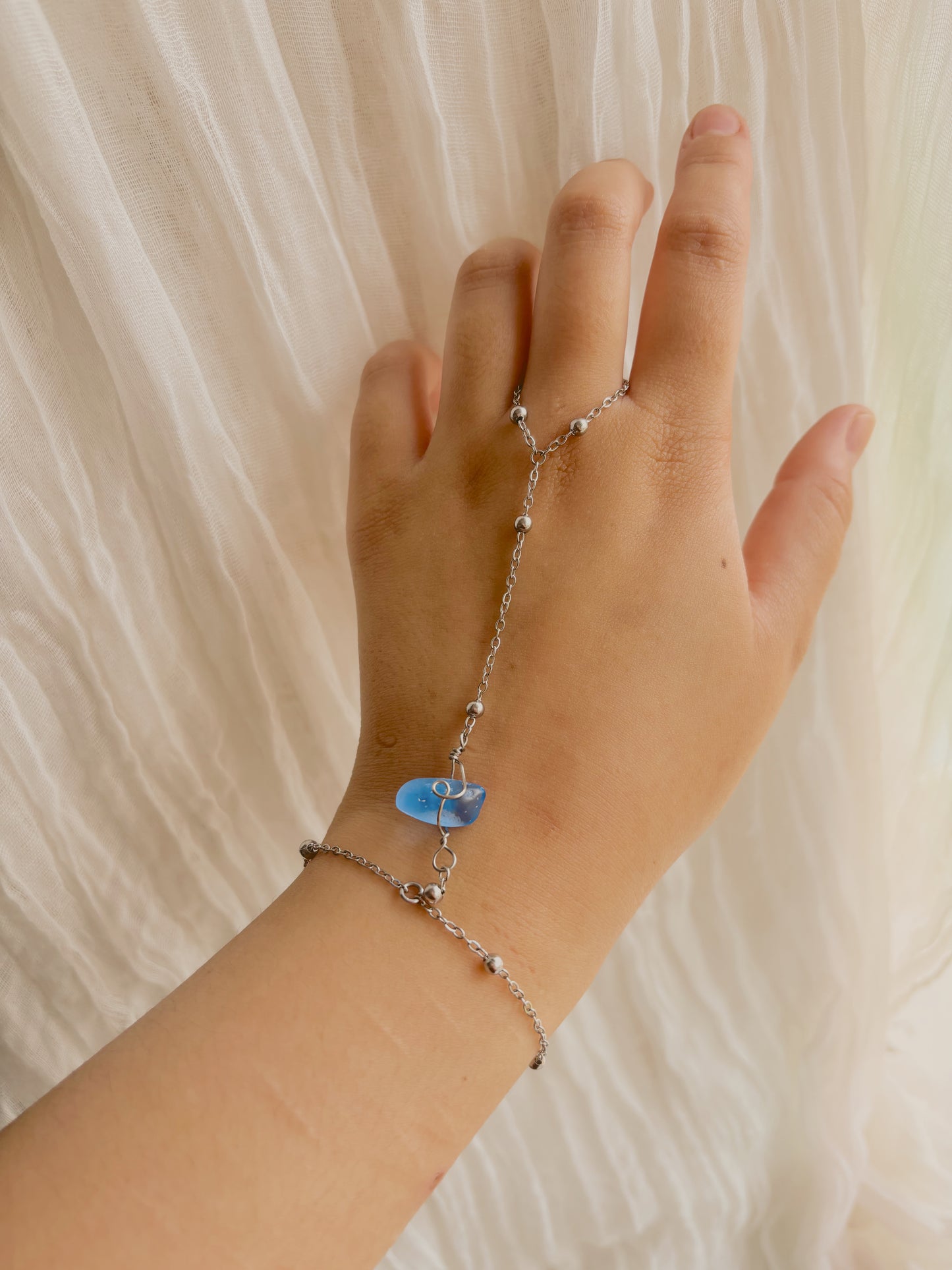 Adjustable customisable sea glass hand chain - handmade - tarnish free - gold or silver