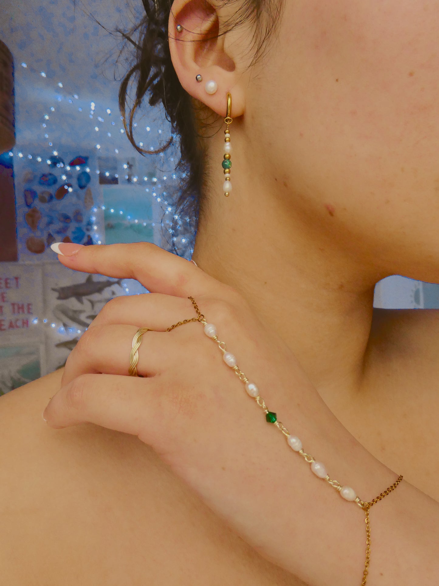 Custom pearl and gem hand chain